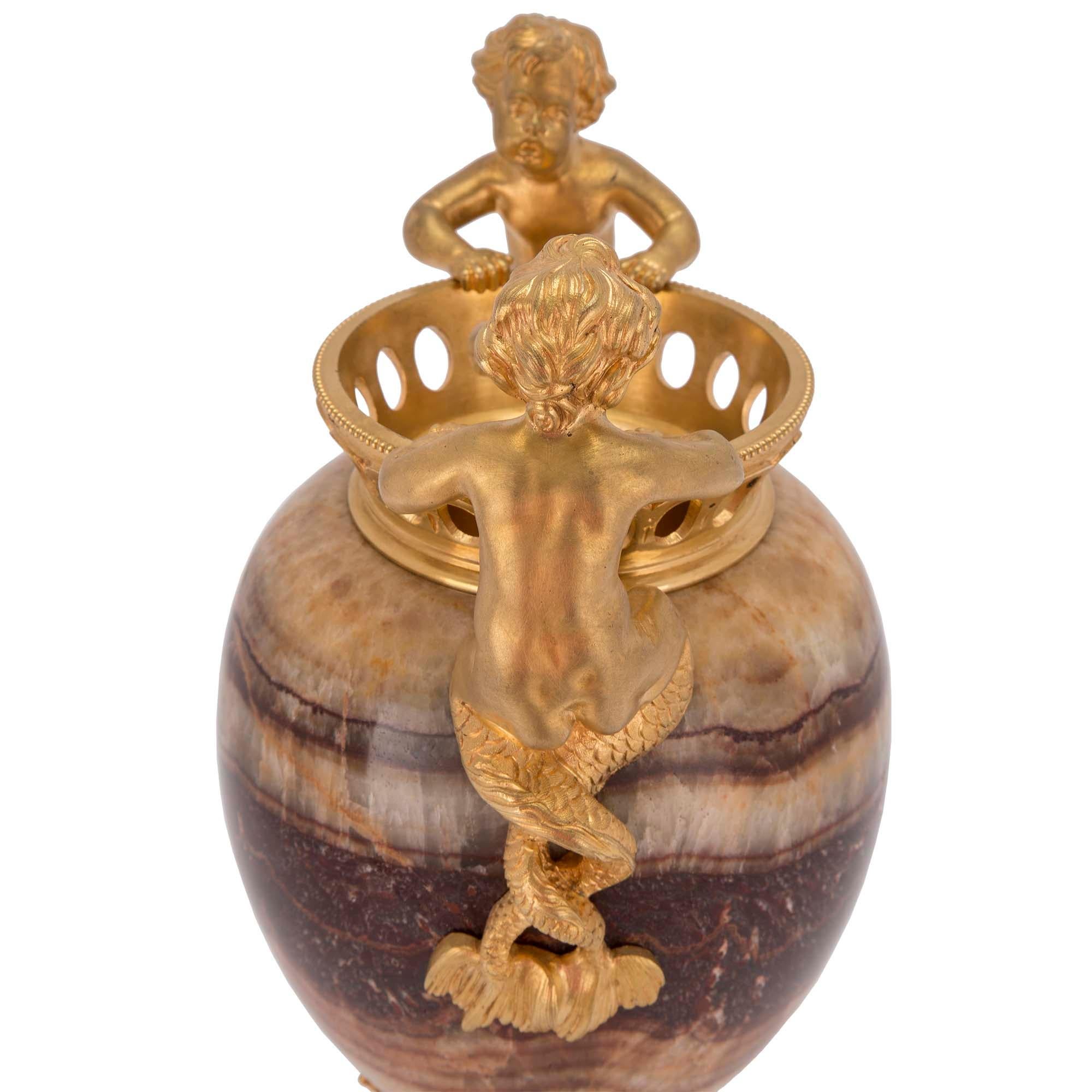 Pair of French 19th Century Louis XVI St. Agate and Ormolu Urns For Sale 1
