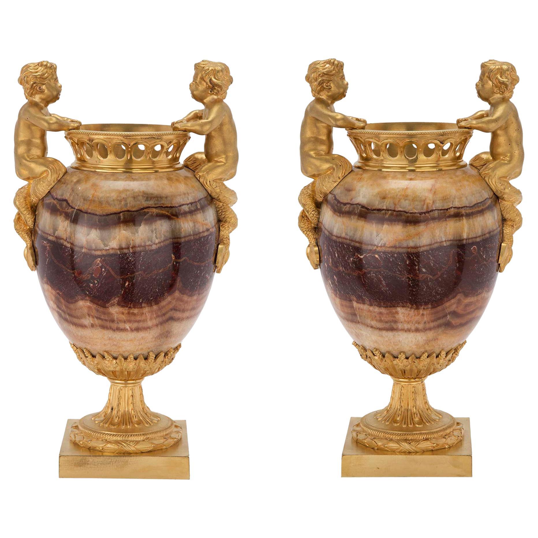 Pair of French 19th Century Louis XVI St. Agate and Ormolu Urns For Sale