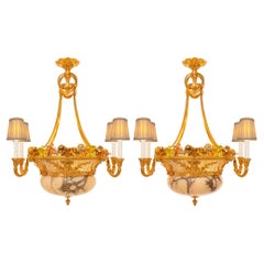 Pair of French 19th Century Louis XVI Style Alabaster and Ormolu Chandeliers