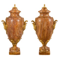 Pair of French 19th Century Louis XVI St. Alabastro Fiorito & Ormolu Lidded Urns