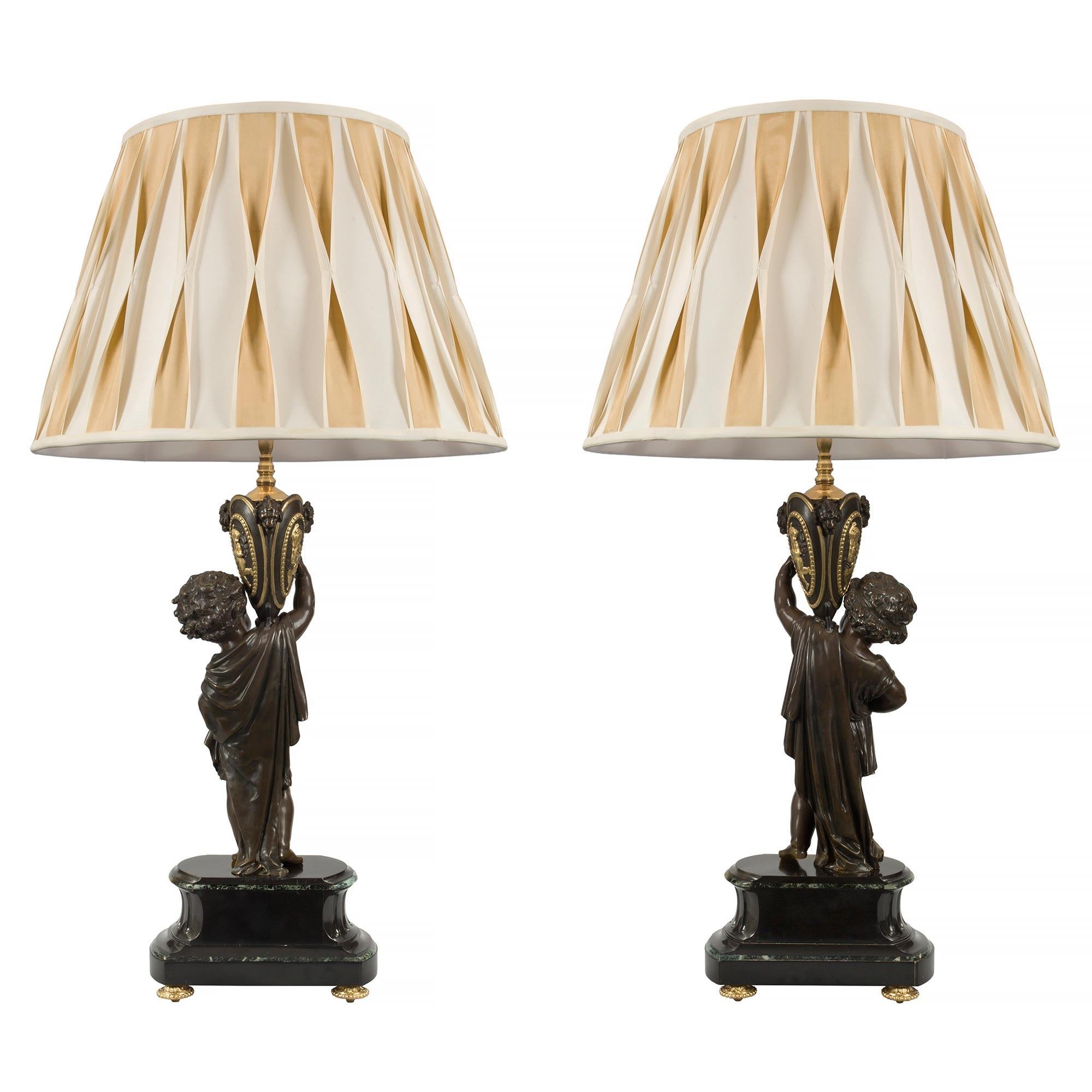 Patinated Pair of French 19th Century Louis XVI St. Belle Époque Period Lamps For Sale