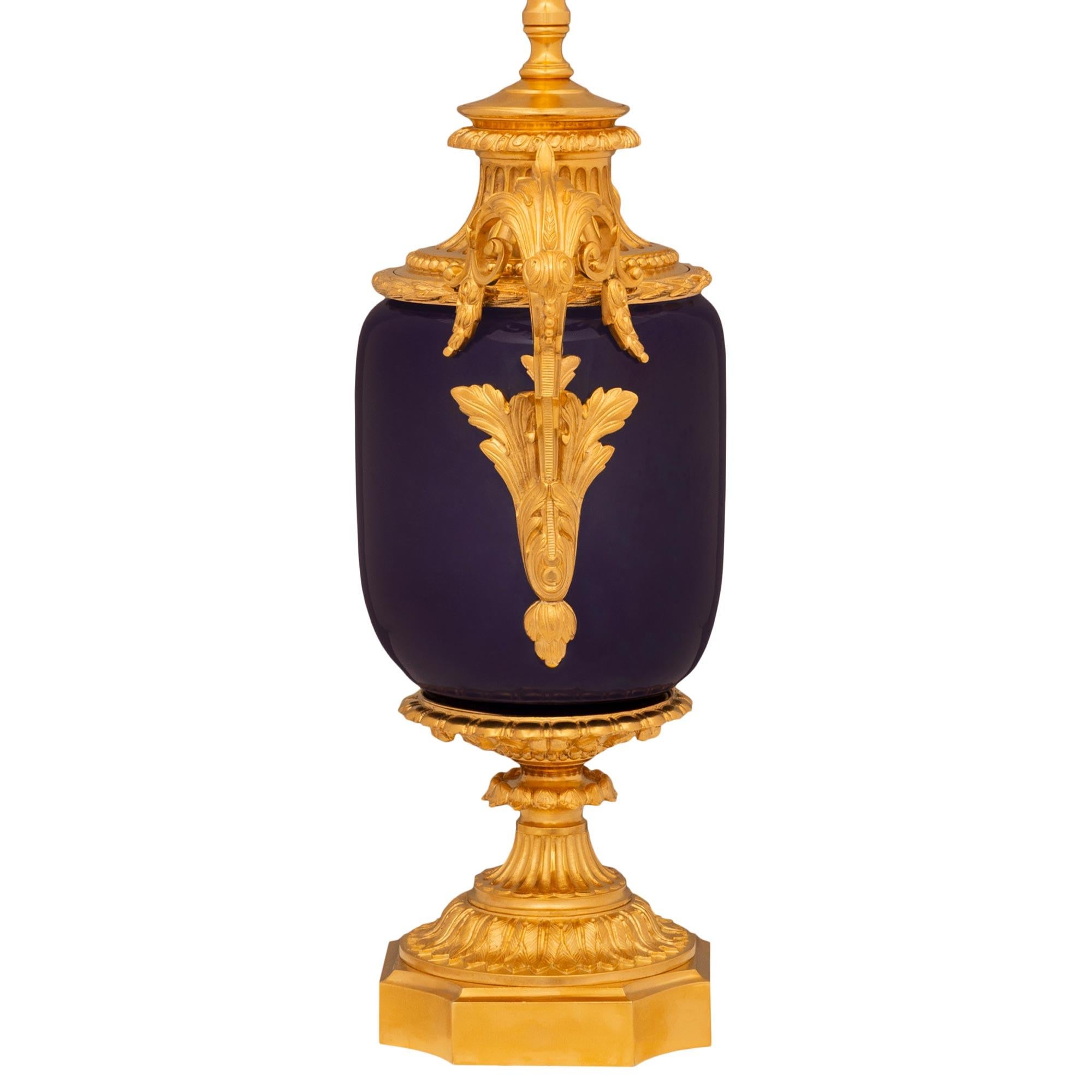 19th Century Pair of French 19th century Louis XVI st. blue Sévres Porcelain, Ormolu lamps For Sale