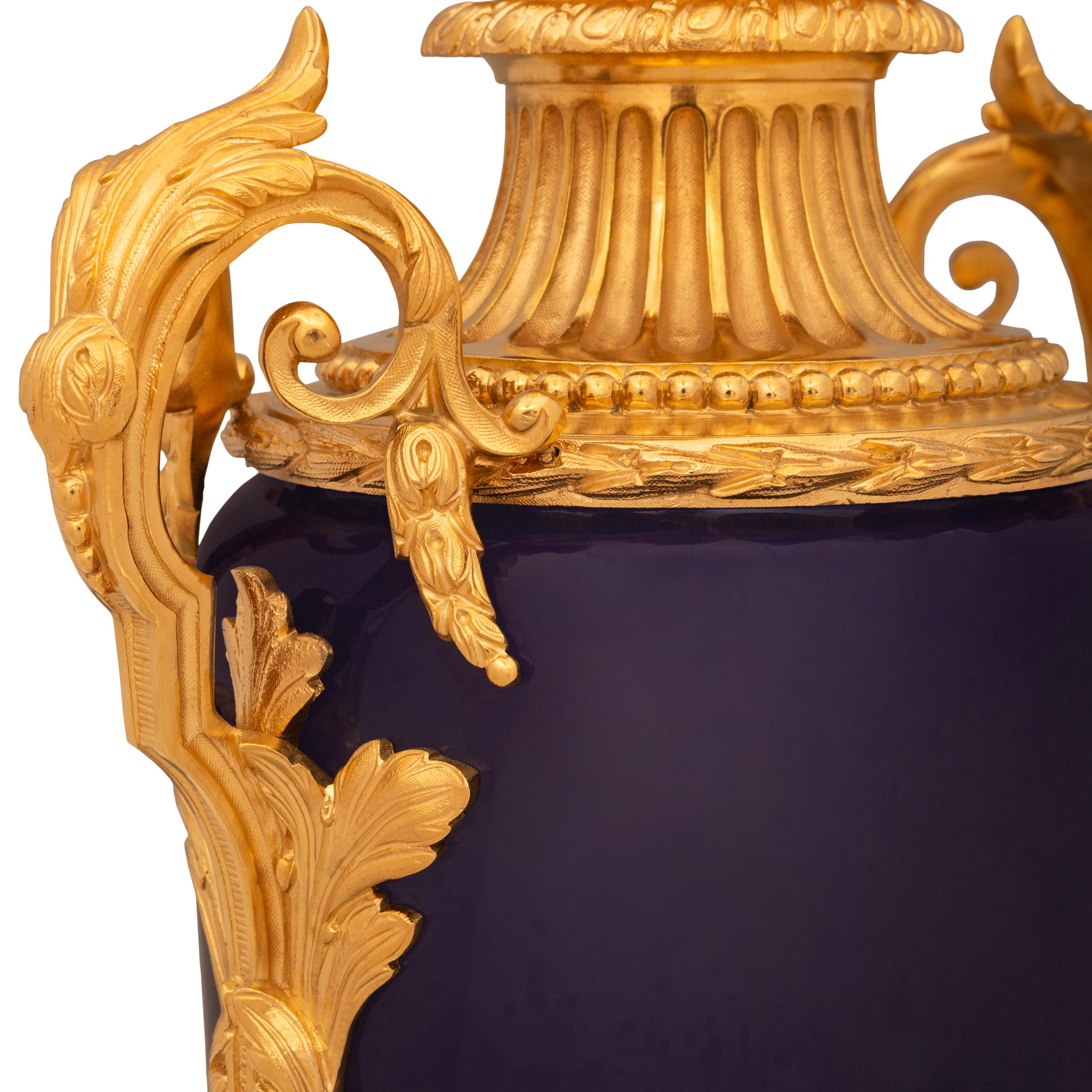 Pair of French 19th century Louis XVI st. blue Sévres Porcelain, Ormolu lamps For Sale 2
