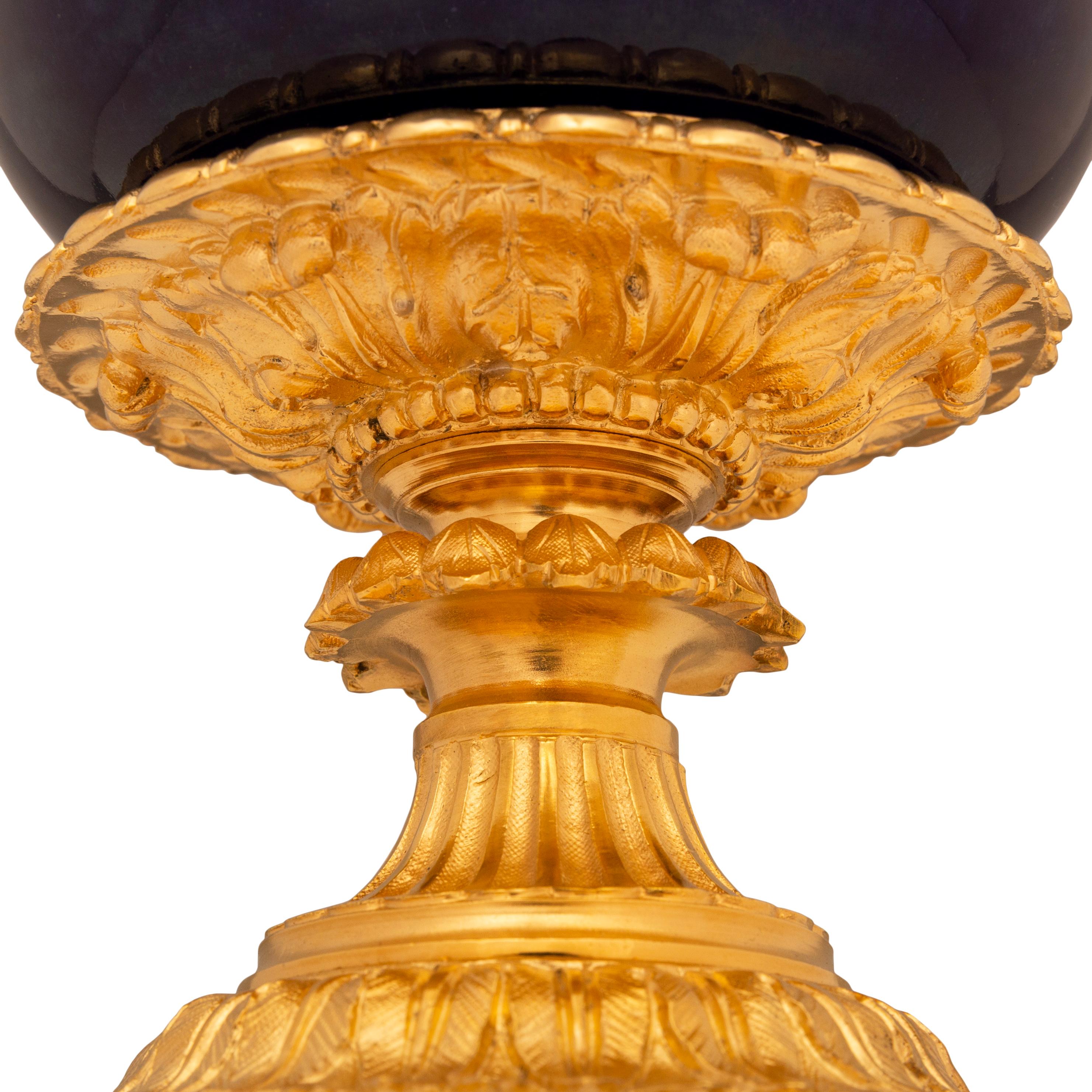 Pair of French 19th century Louis XVI st. blue Sévres Porcelain, Ormolu lamps For Sale 4