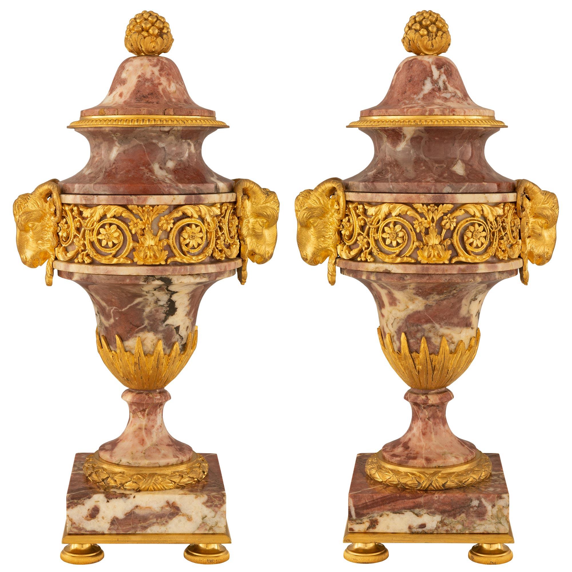Pair of French 19th Century Louis XVI St. Brèche Violette Marble and Ormolu Urns For Sale 7