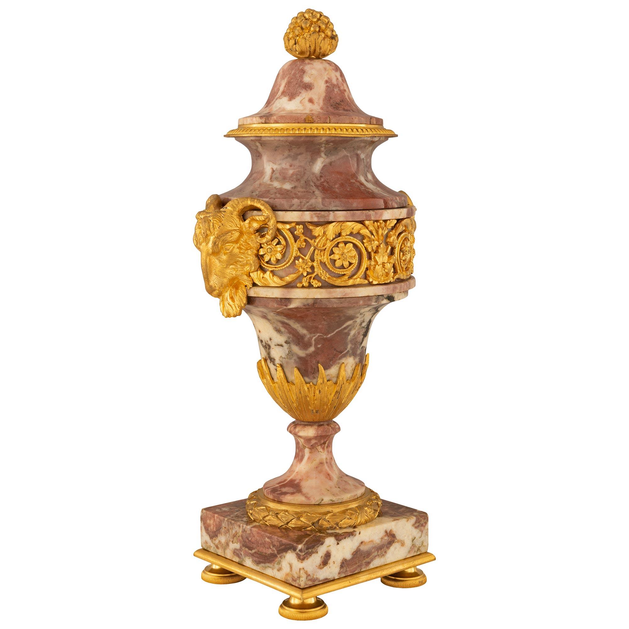 Pair of French 19th Century Louis XVI St. Brèche Violette Marble and Ormolu Urns In Good Condition For Sale In West Palm Beach, FL