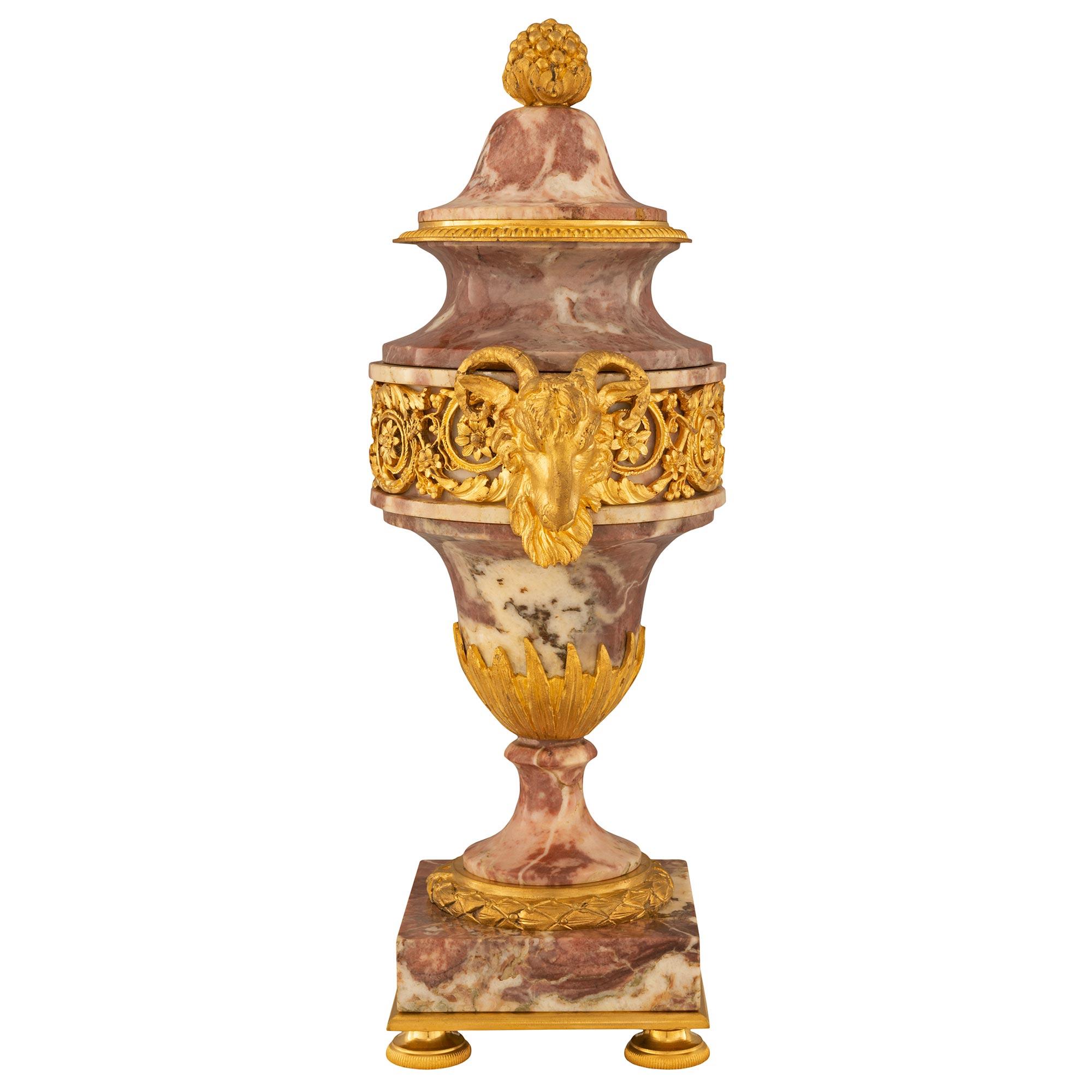 Pair of French 19th Century Louis XVI St. Brèche Violette Marble and Ormolu Urns For Sale 1