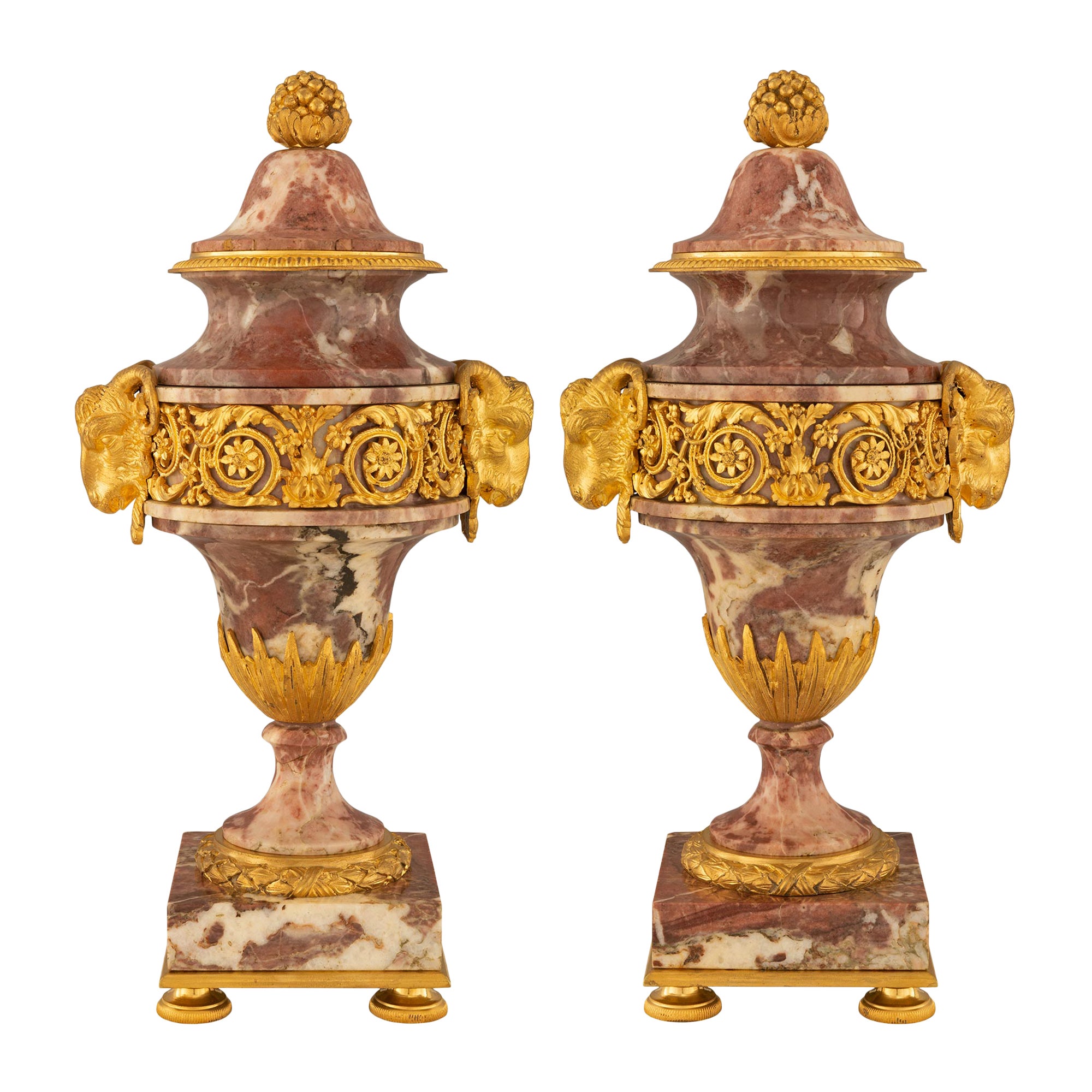 Pair of French 19th Century Louis XVI St. Brèche Violette Marble and Ormolu Urns