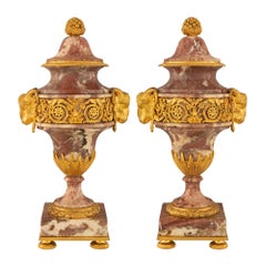 Pair of French 19th Century Louis XVI St. Brèche Violette Marble and Ormolu Urns
