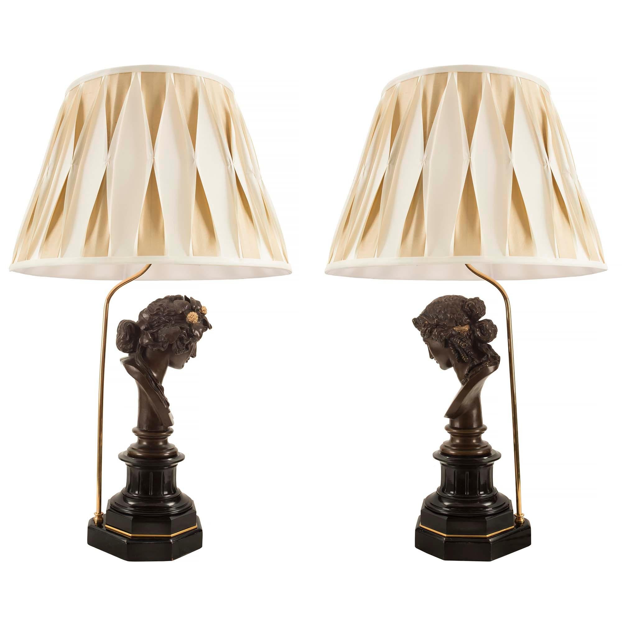 Patinated Pair of French 19th Century Louis XVI St. Bronze and Marble Lamps For Sale