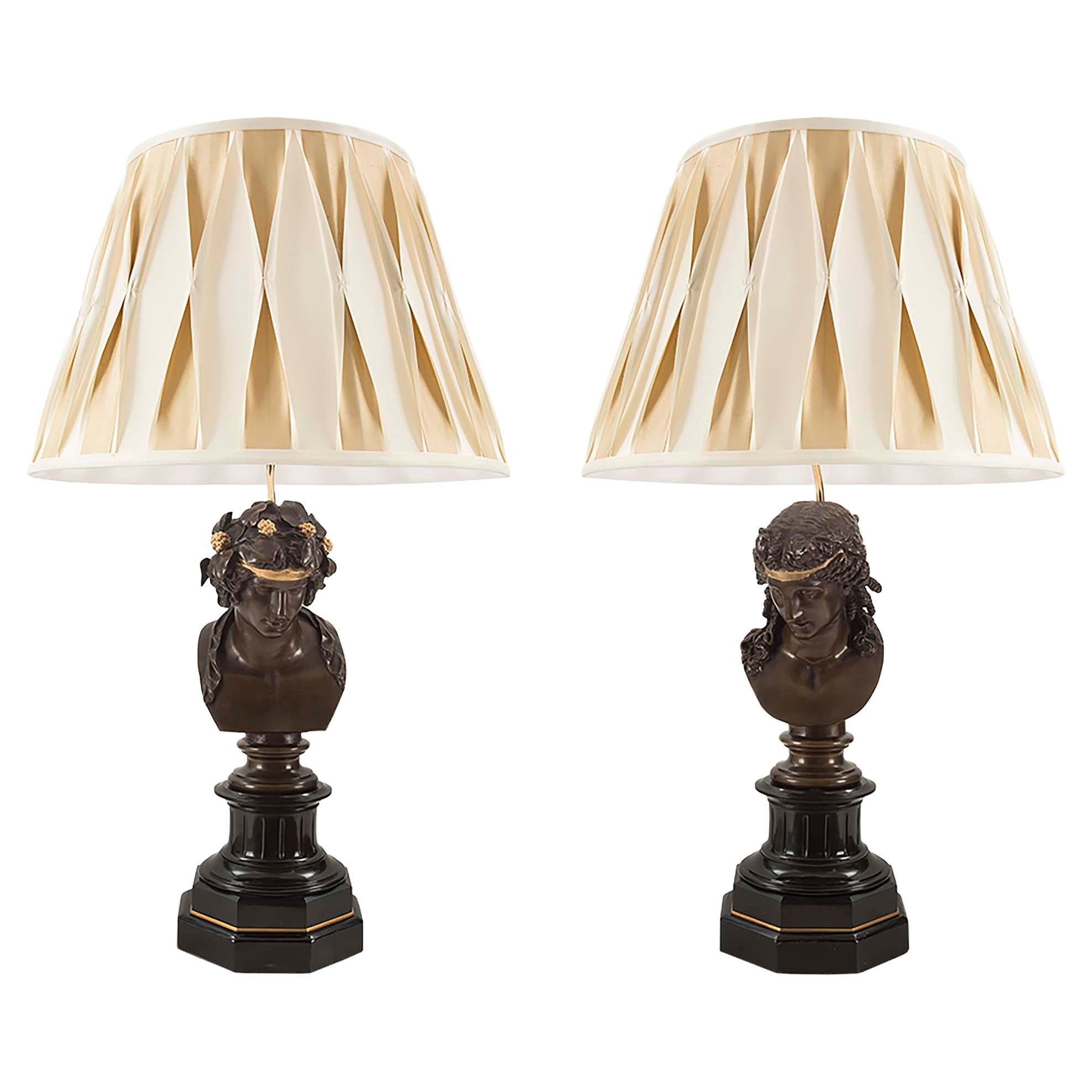 Pair of French 19th Century Louis XVI St. Bronze and Marble Lamps