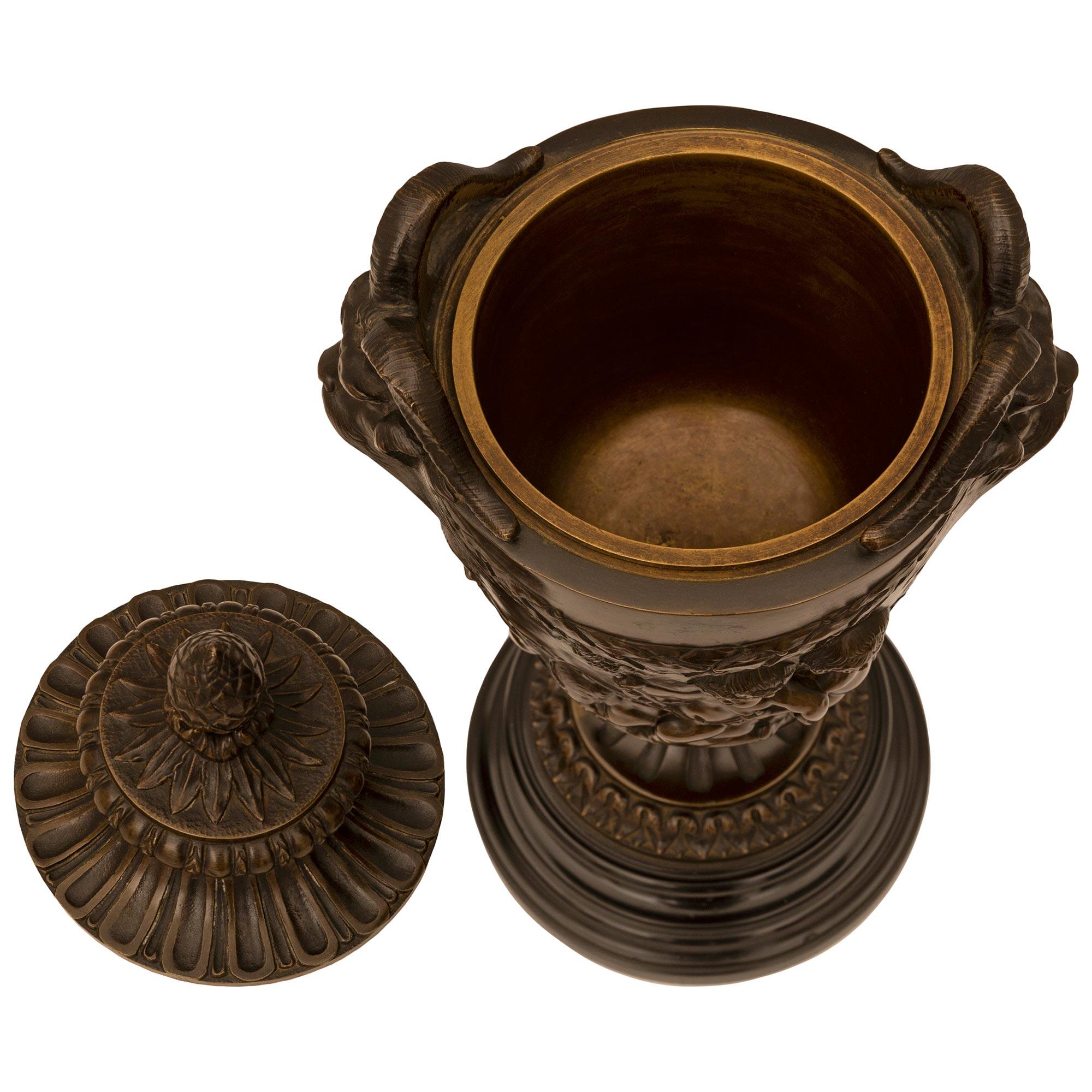 Pair of French 19th Century Louis XVI St. Bronze and Marble Urns Signed Clodion For Sale 7