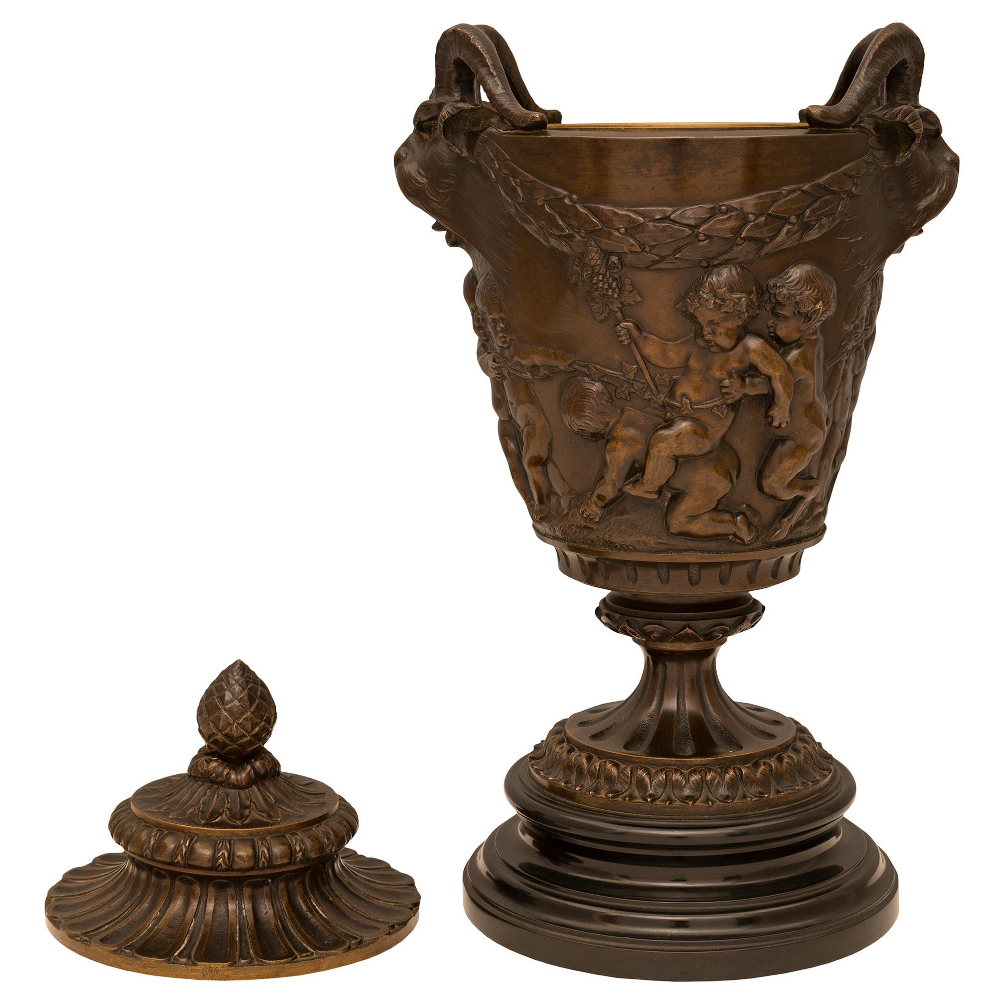 Pair of French 19th Century Louis XVI St. Bronze and Marble Urns Signed Clodion For Sale 6
