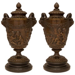 Pair of French 19th Century Louis XVI St. Bronze and Marble Urns Signed Clodion