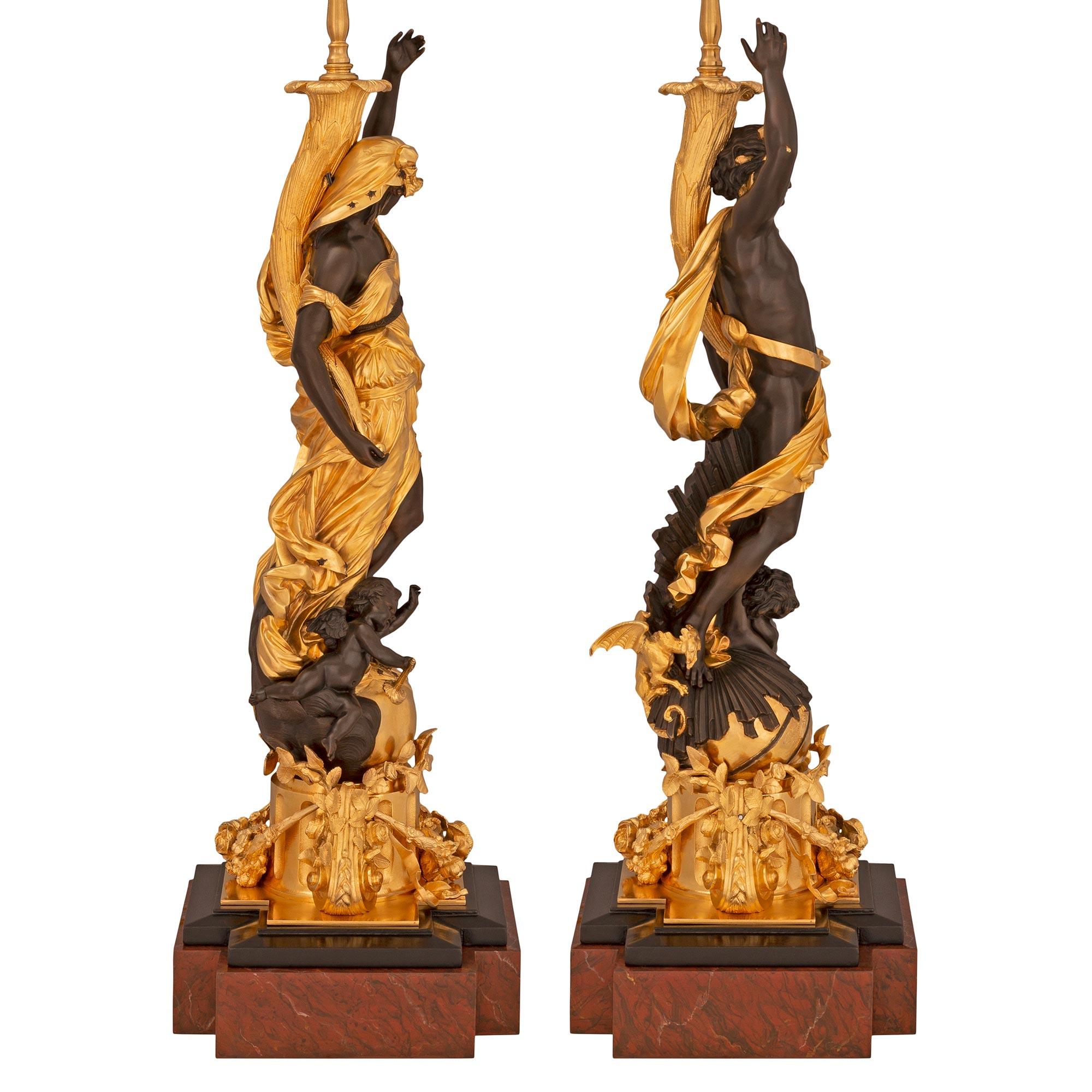 Patinated Pair of French 19th Century Louis XVI St. Bronze, Marble, and Ormolu Lamps
