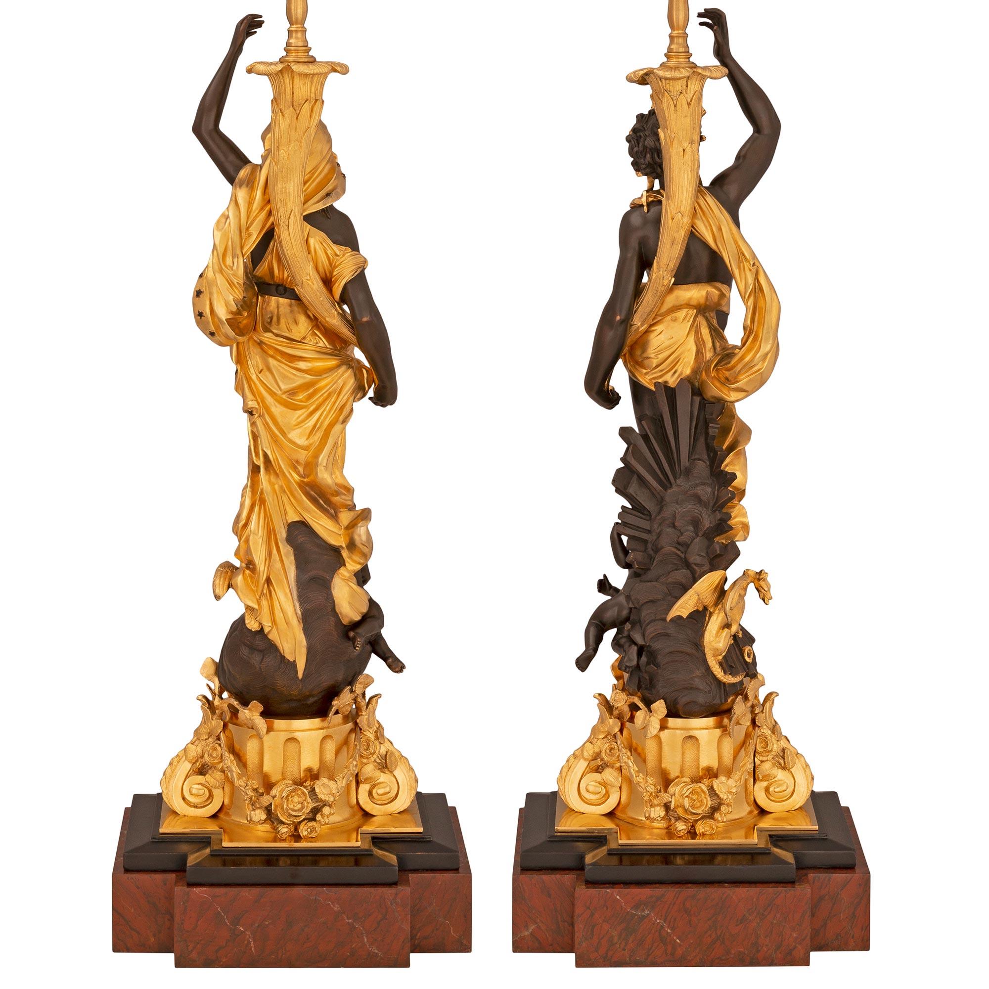 Pair of French 19th Century Louis XVI St. Bronze, Marble, and Ormolu Lamps In Good Condition In West Palm Beach, FL