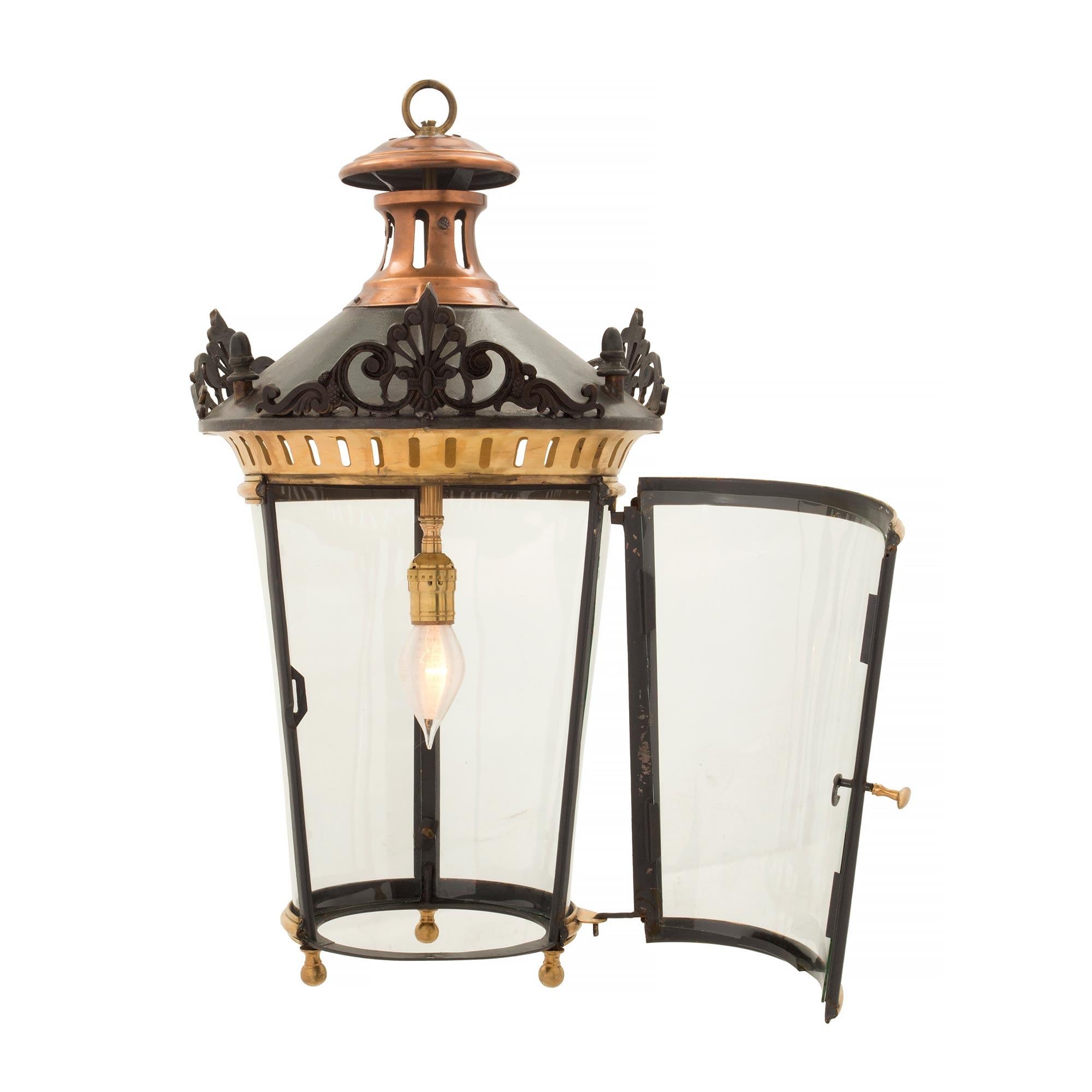 Pair of French 19th Century Louis XVI St. Bronze, Ormolu and Copper Lanterns In Good Condition For Sale In West Palm Beach, FL