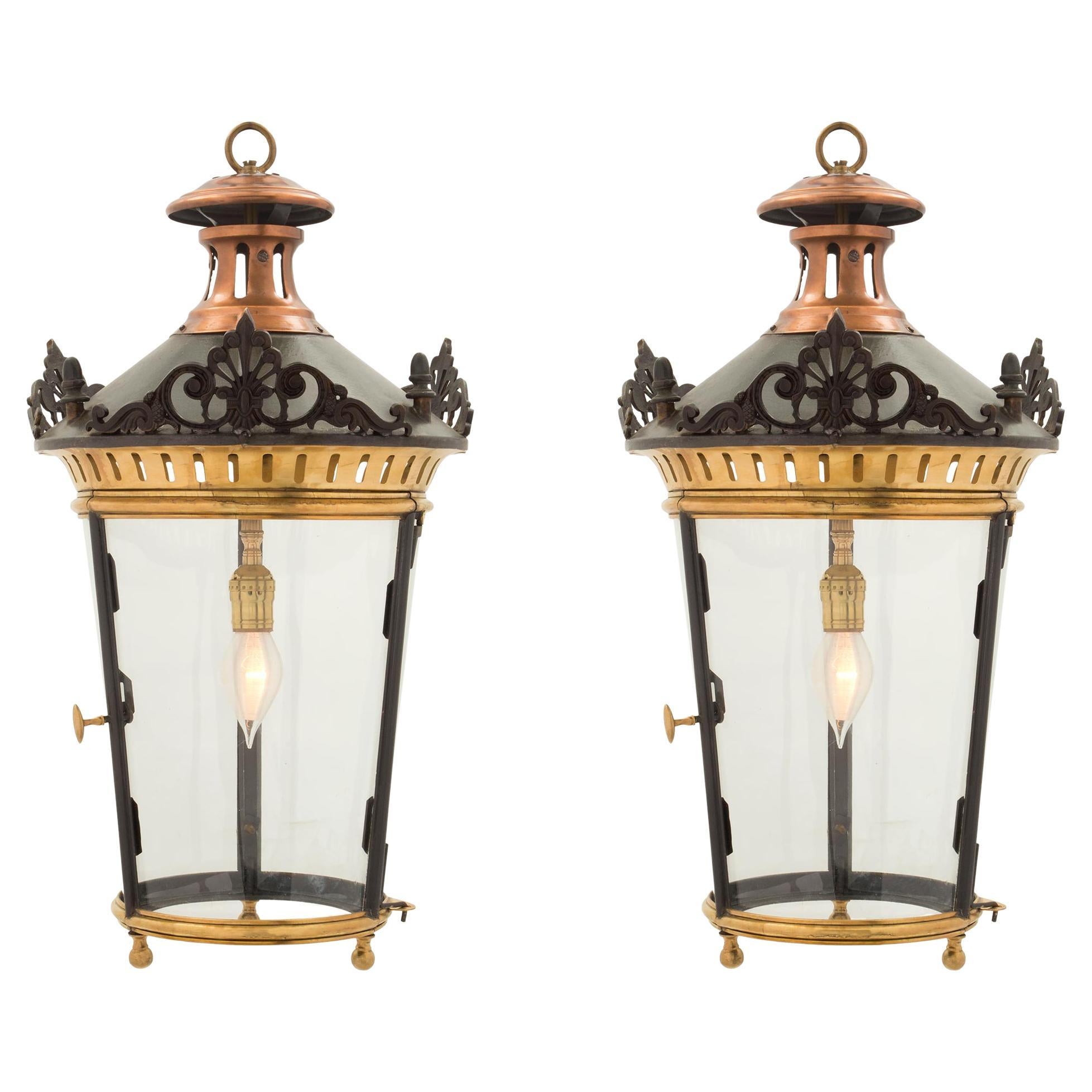 Pair of French 19th Century Louis XVI St. Bronze, Ormolu and Copper Lanterns For Sale