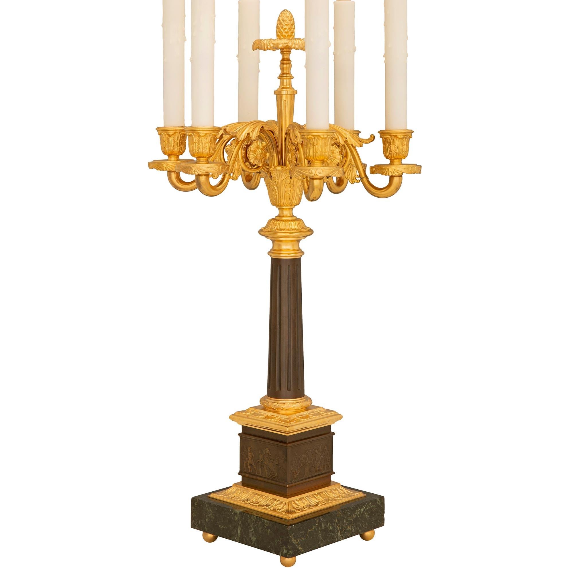 Patinated Pair of French 19th Century Louis XVI St. Bronze, Ormolu and Marble Lamps For Sale