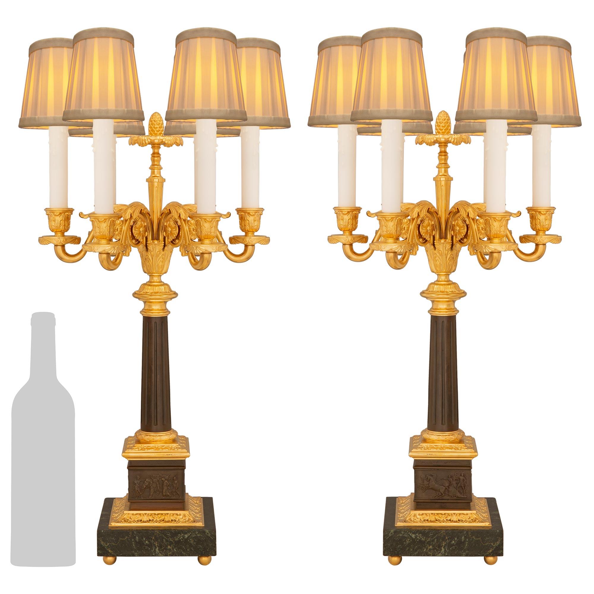 Pair of French 19th Century Louis XVI St. Bronze, Ormolu and Marble Lamps For Sale