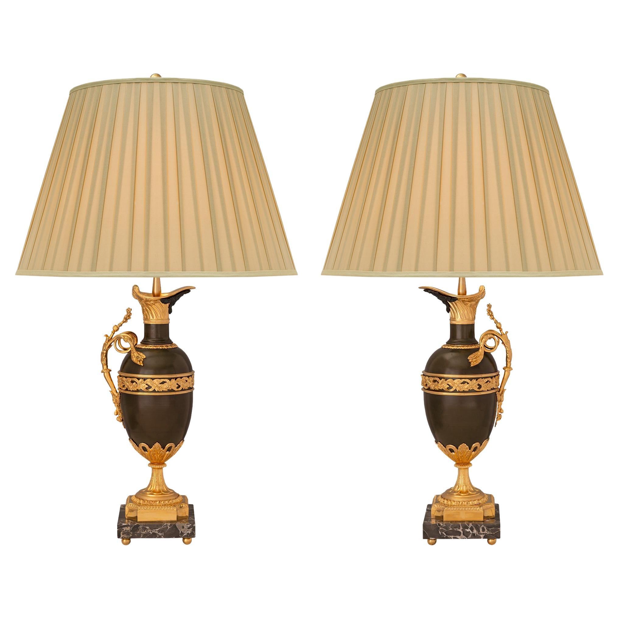 Pair of French 19th Century Louis XVI St. Bronze, Ormolu, and Marble Lamps