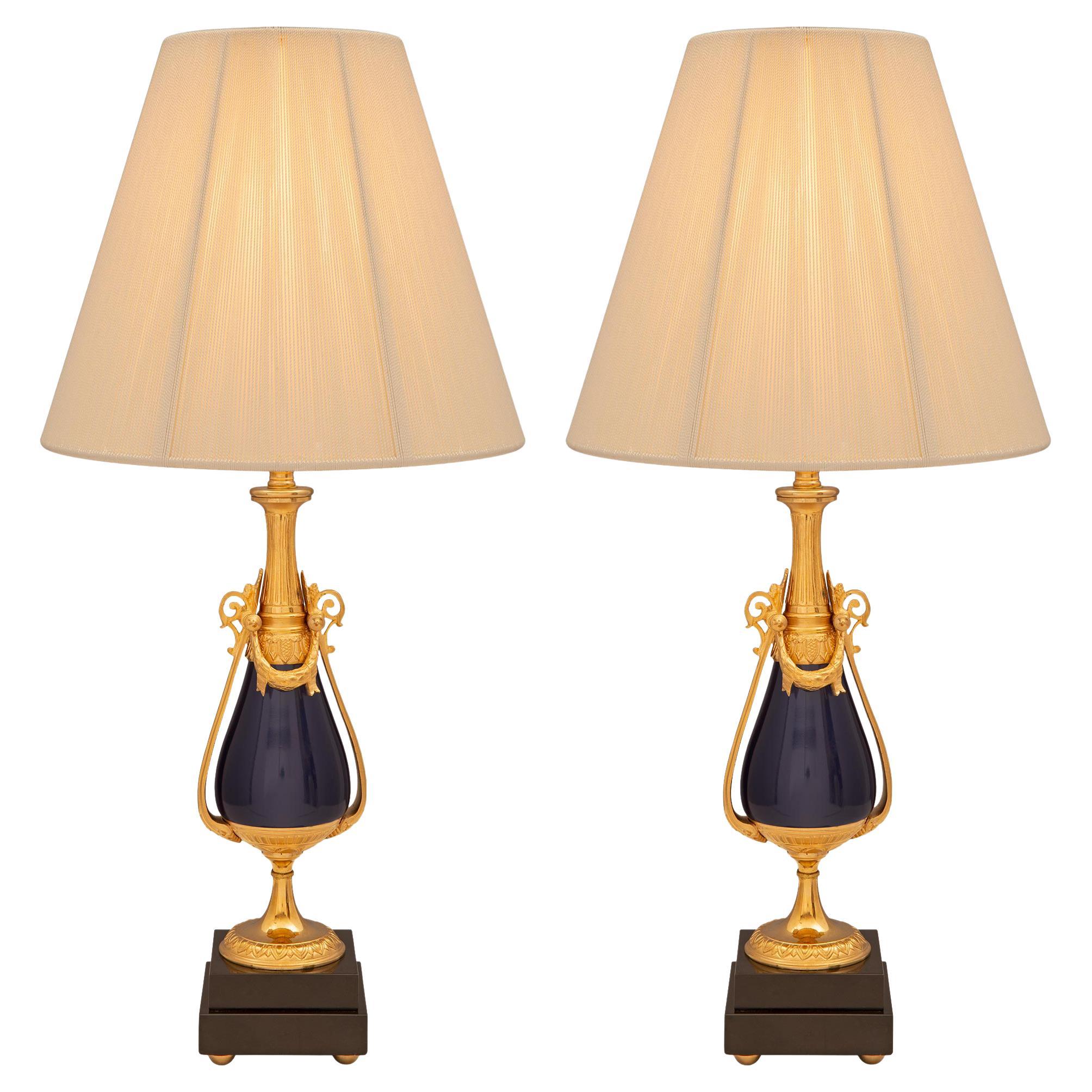 Pair of French 19th Century Louis XVI St. Bronze, Ormolu and Marble Lamps