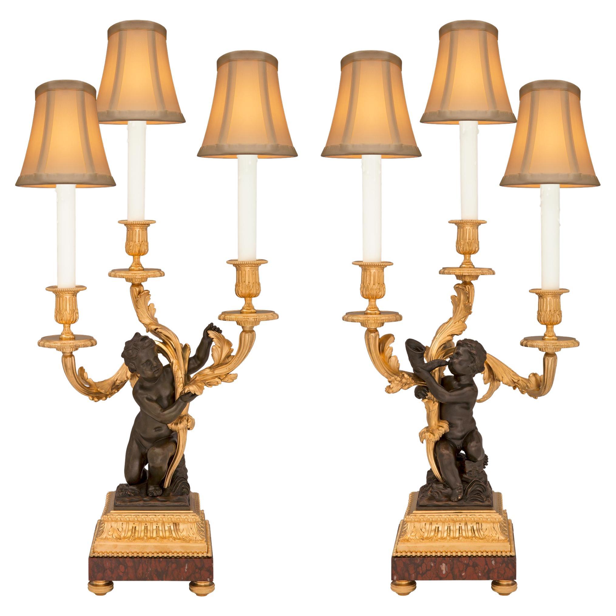 Pair of French 19th Century Louis XVI St. Bronze, Ormolu and Marble Lamps