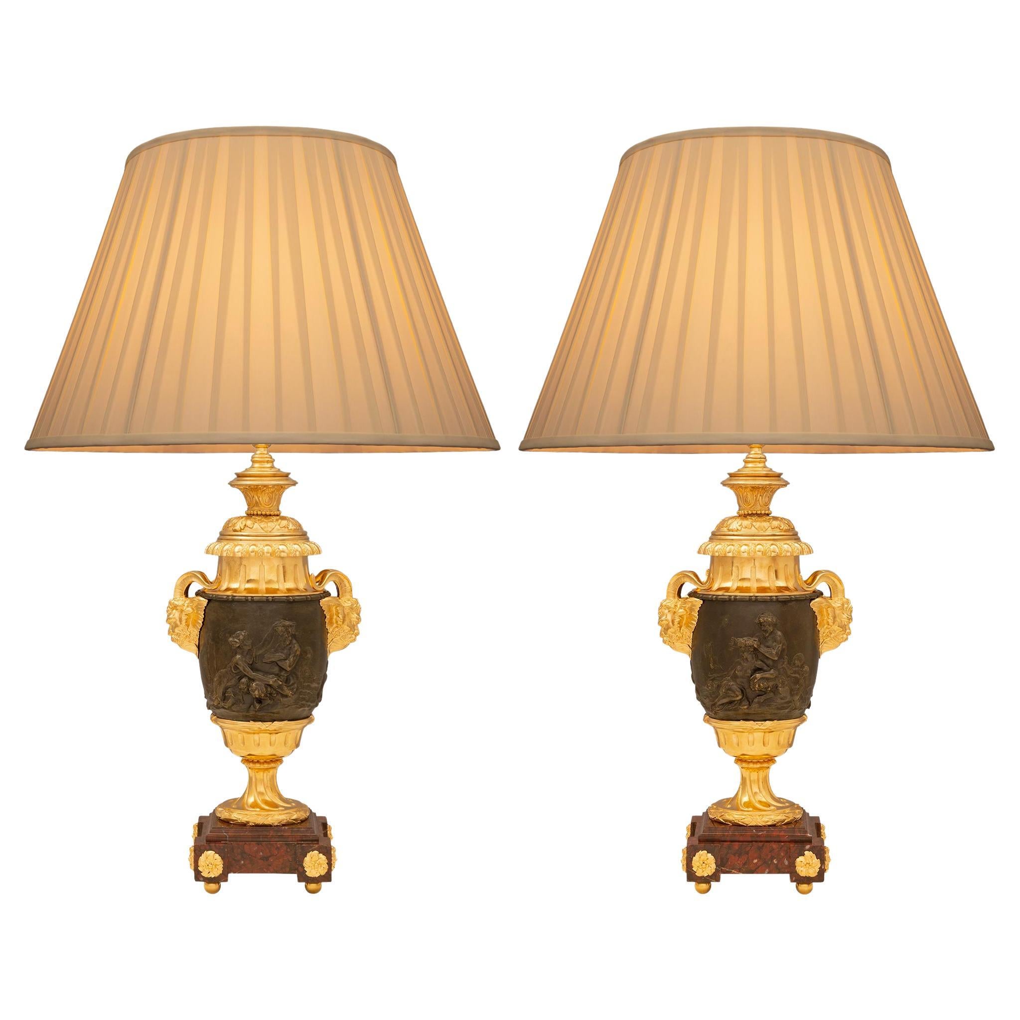 Pair of French 19th Century Louis XVI St. Bronze, Ormolu, and Marble Table Lamps For Sale