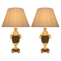 Pair of French 19th Century Louis XVI St. Bronze, Ormolu, and Marble Table Lamps