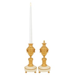 pair of French 19th century Louis XVI st. Carrara marble and Ormolu candlesticks