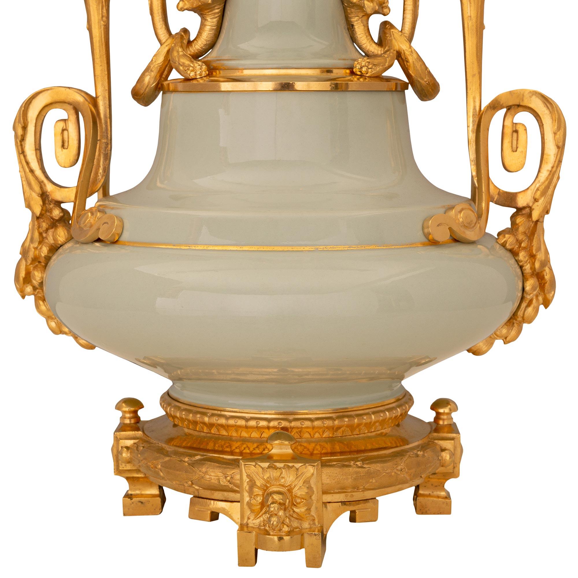 Pair of French 19th Century Louis XVI St. Celadon Porcelain and Ormolu Lamps For Sale 4