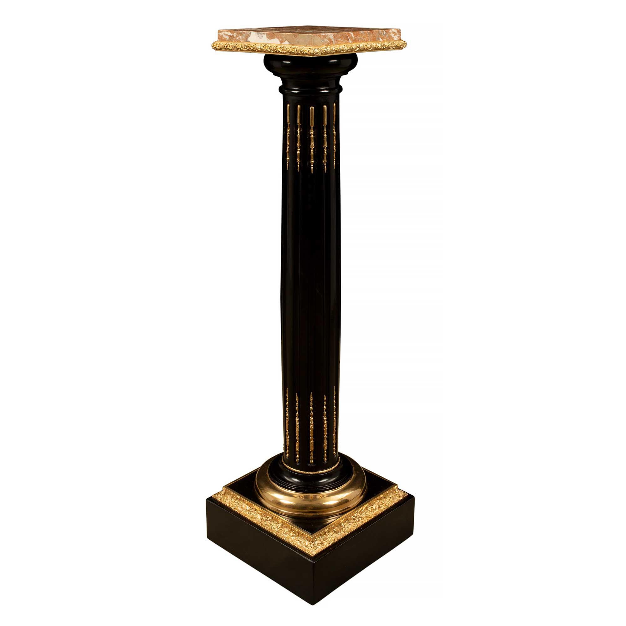pair of French 19th century Louis XVI st. Ebony, Ormolu and Marble pedestals In Good Condition For Sale In West Palm Beach, FL