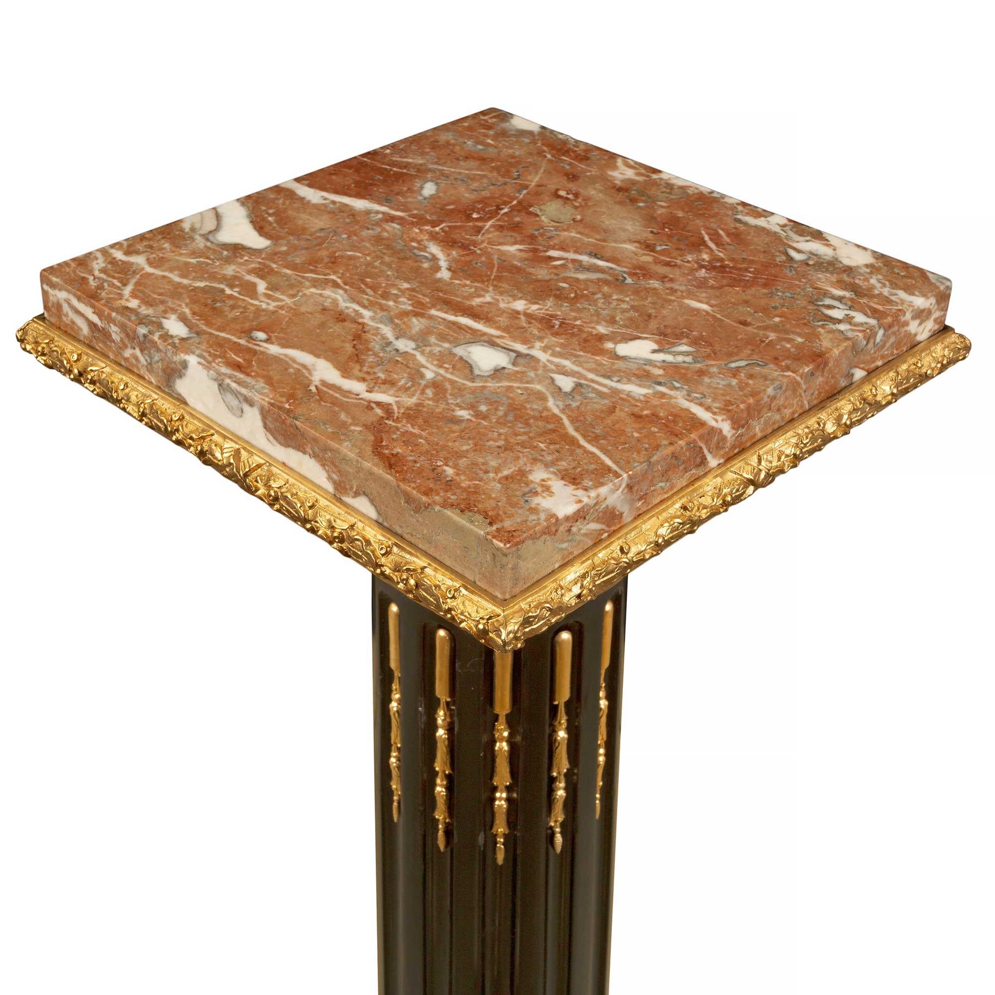 pair of French 19th century Louis XVI st. Ebony, Ormolu and Marble pedestals For Sale 1