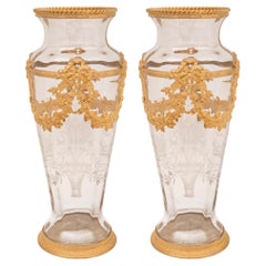 Pair of French 19th Century Louis XVI St. Etched Crystal and Ormolu Vases
