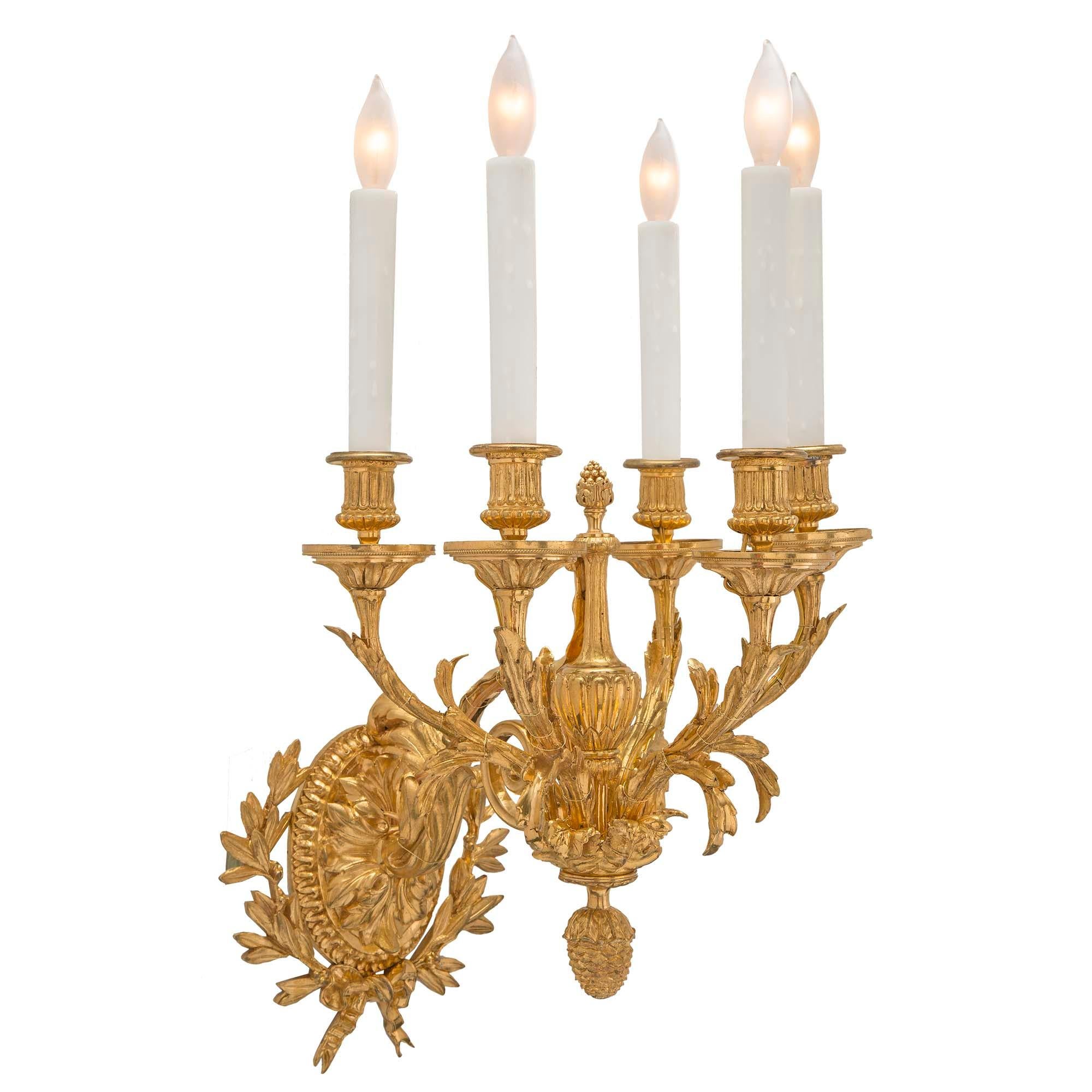 A striking pair of French 19th century Louis XVI st. five arm ormolu sconces. Each sconce is centered by a richly chased berried acorn inverted finial below the exceptional central support decorated with final foliate movements. The five elegantly