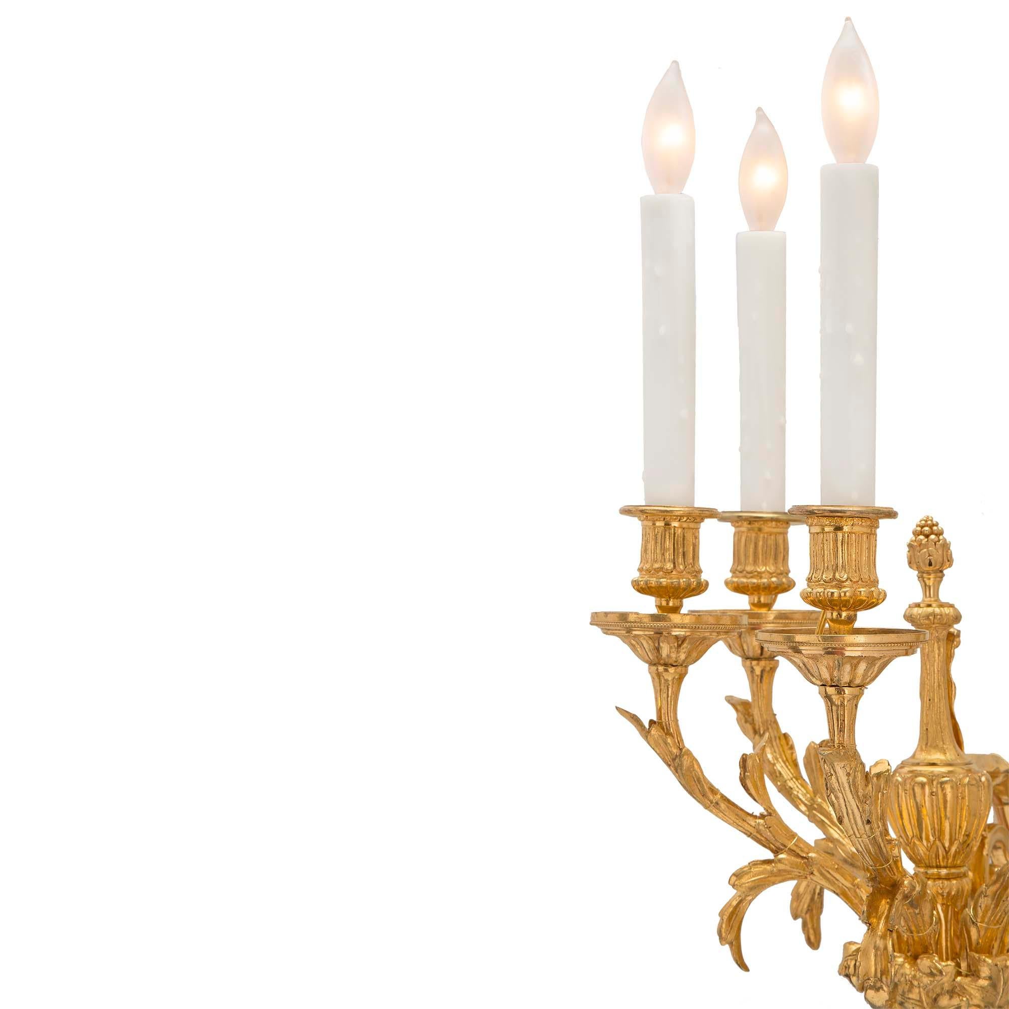 Pair of French 19th Century Louis XVI St. Five-Arm Ormolu Sconces In Good Condition For Sale In West Palm Beach, FL