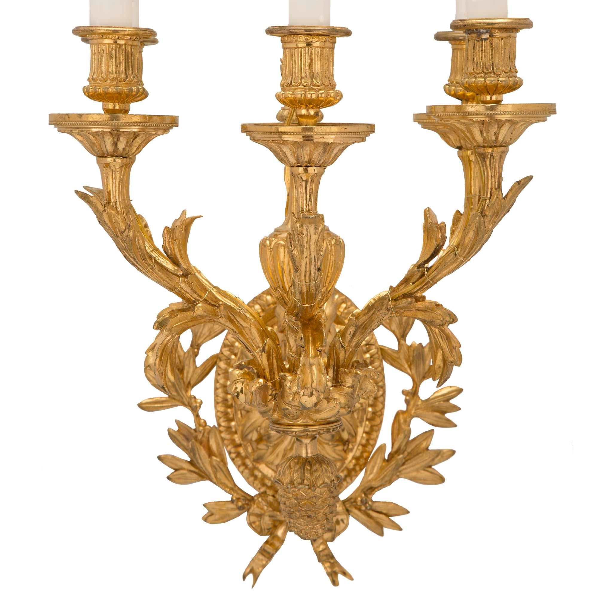 Pair of French 19th Century Louis XVI St. Five-Arm Ormolu Sconces For Sale 1