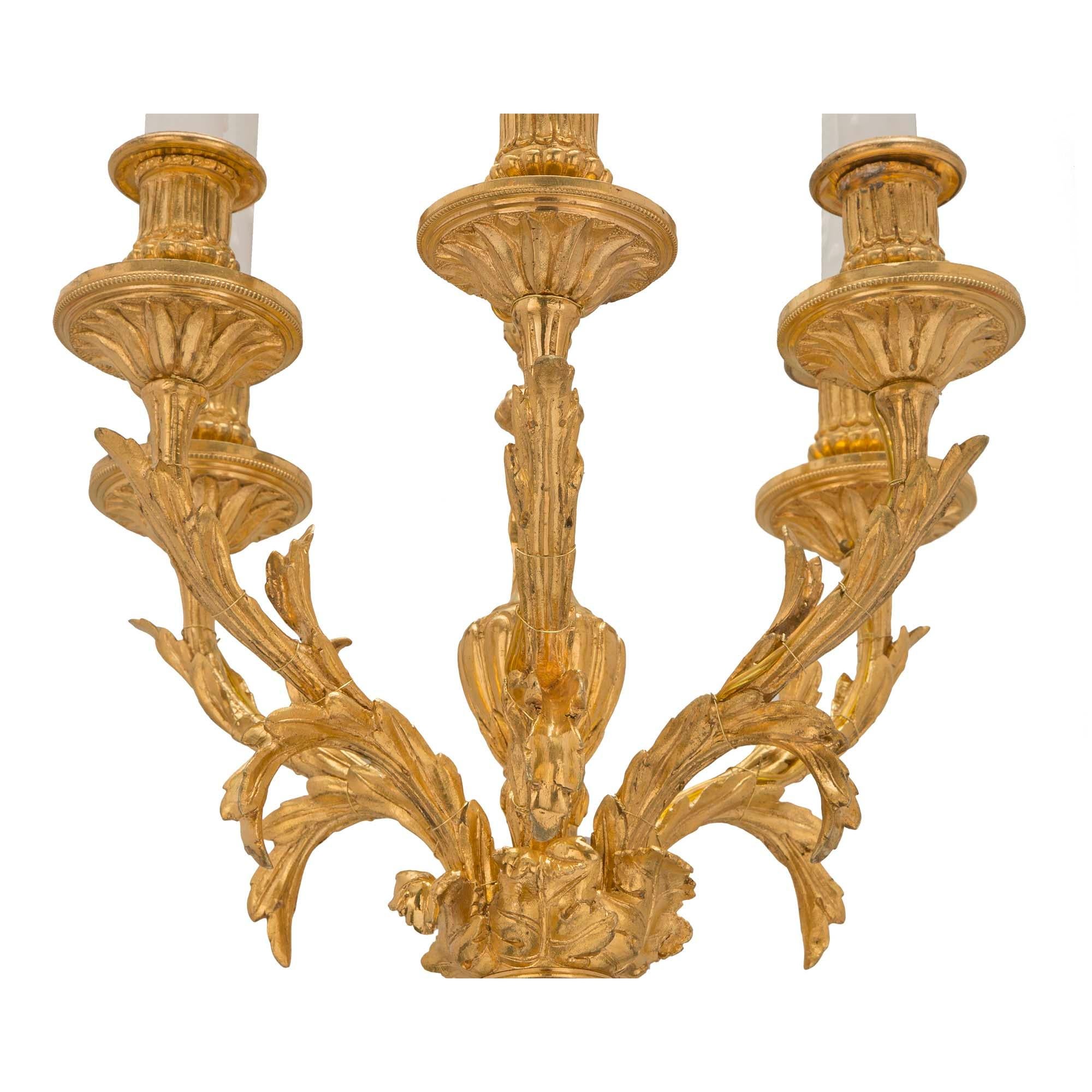 Pair of French 19th Century Louis XVI St. Five-Arm Ormolu Sconces For Sale 2
