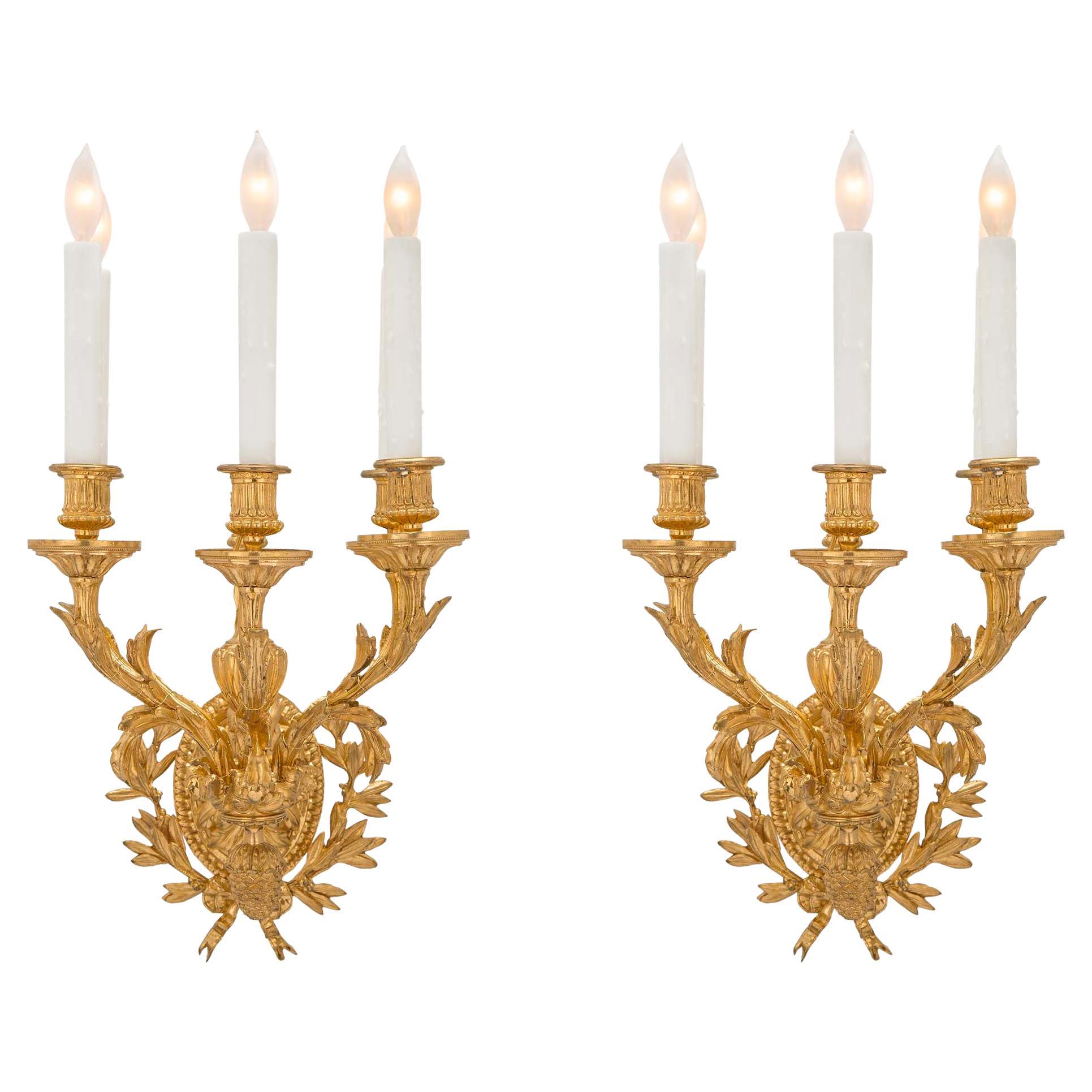 Pair of French 19th Century Louis XVI St. Five-Arm Ormolu Sconces For Sale
