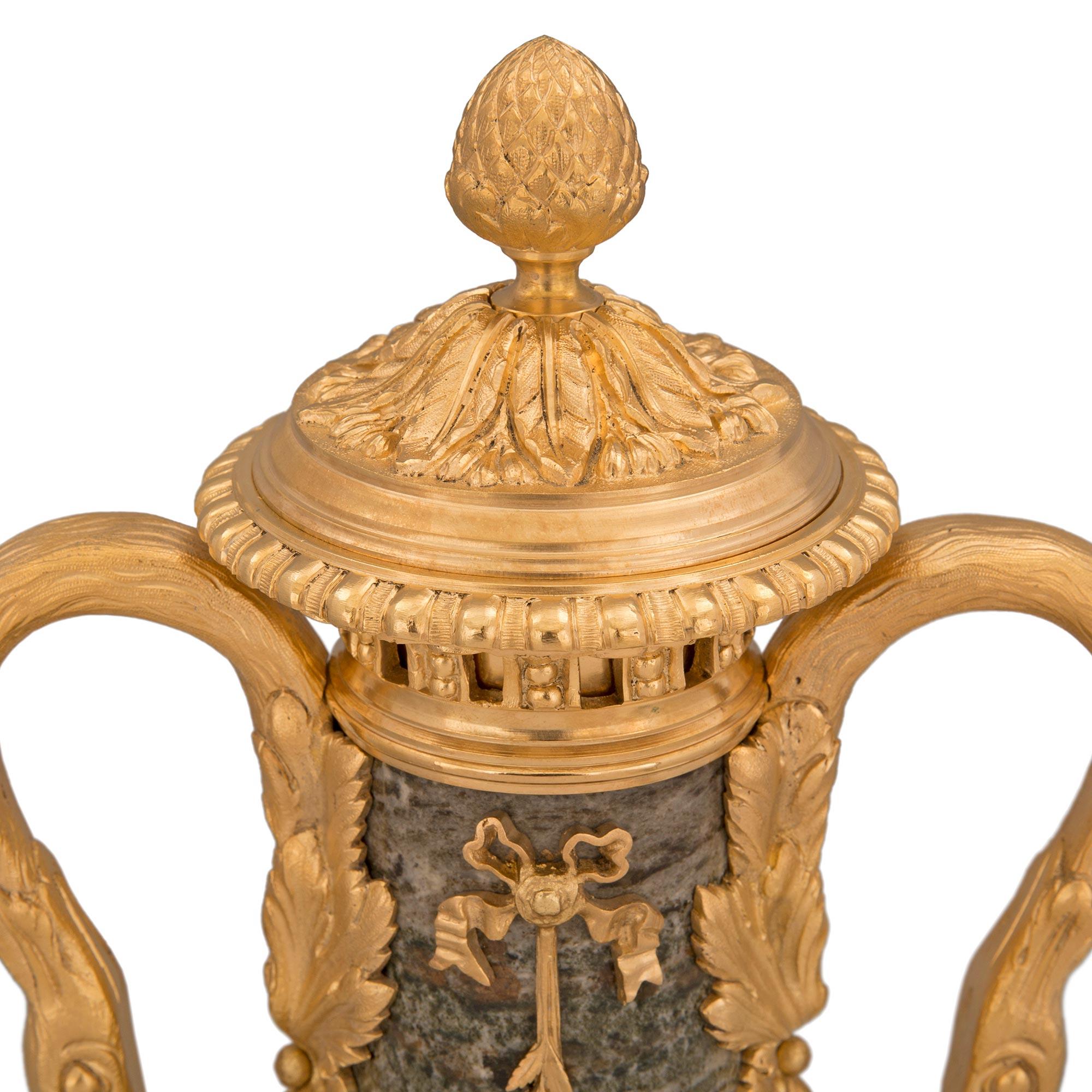 Pair of French 19th Century Louis XVI St. Fluorspar and Ormolu Lidded Urns 1