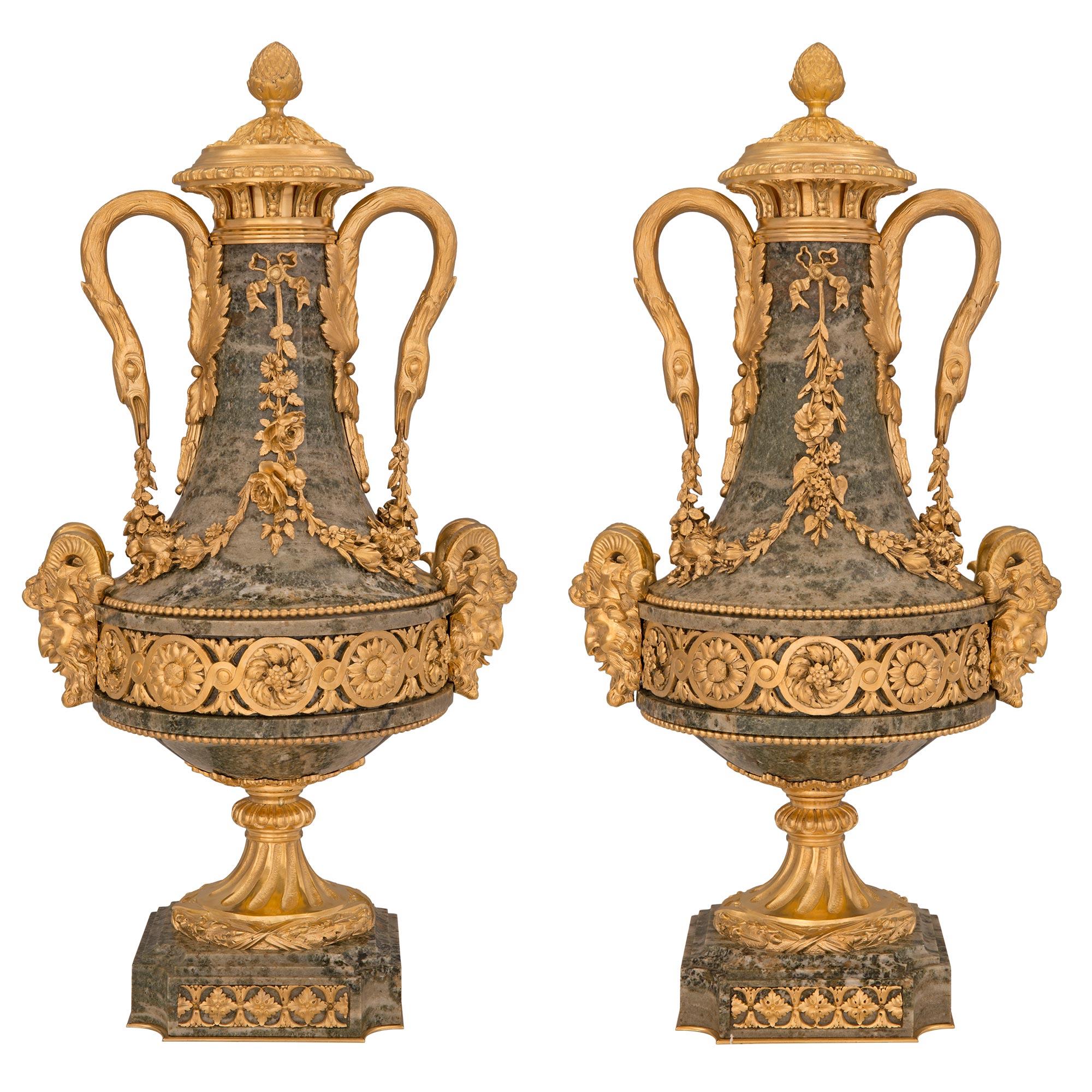 Pair of French 19th Century Louis XVI St. Fluorspar and Ormolu Lidded Urns