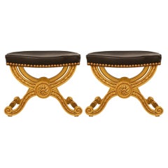 Pair of French 19th Century Louis XVI St. Giltwood and Leather Benches