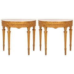Pair of French 19th Century Louis XVI St. Giltwood and Marble Consoles