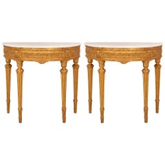 Pair of French 19th Century Louis XVI St. Giltwood and Marble Consoles