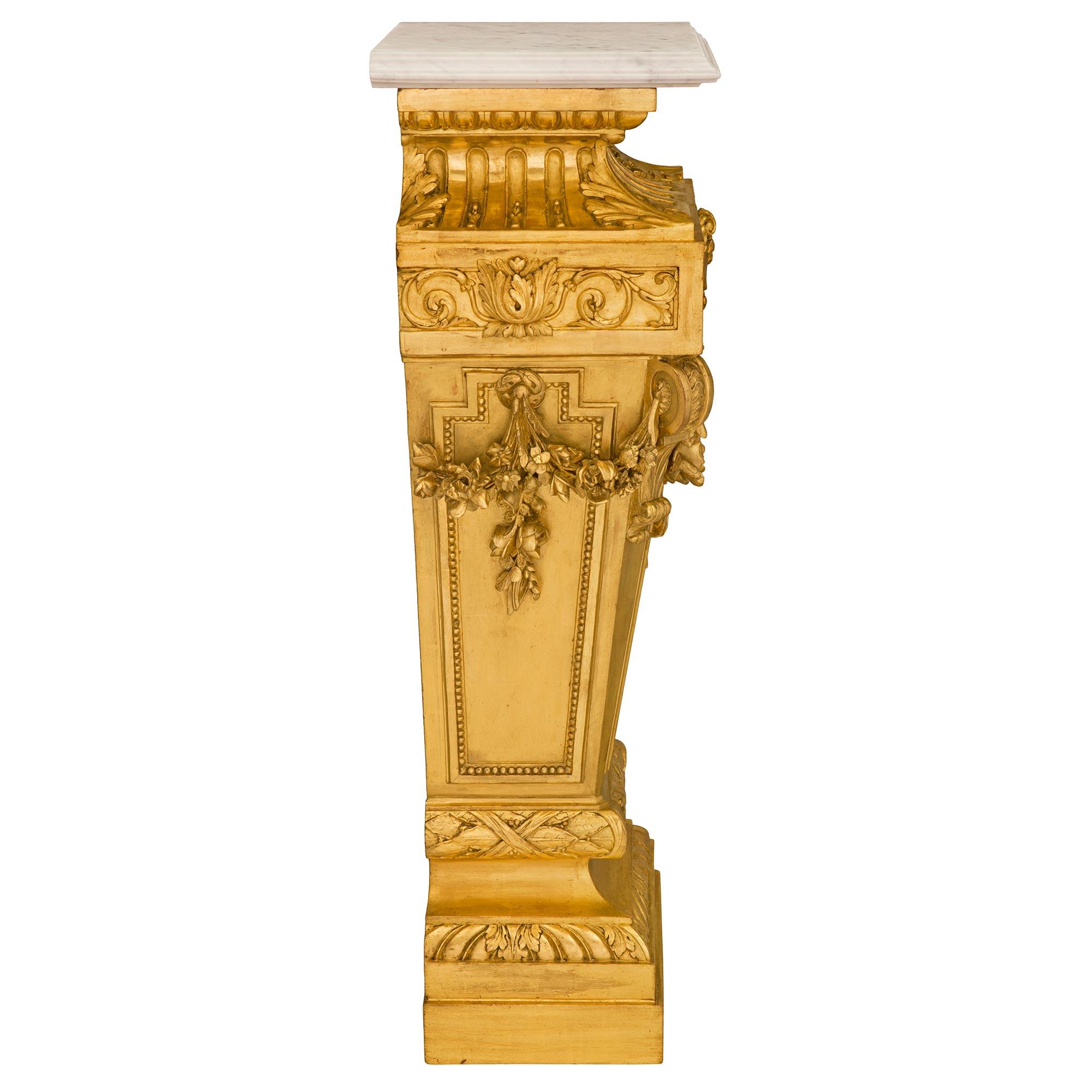 Carrara Marble Pair of French 19th Century Louis XVI St. Giltwood and Marble Pedestal Columns For Sale