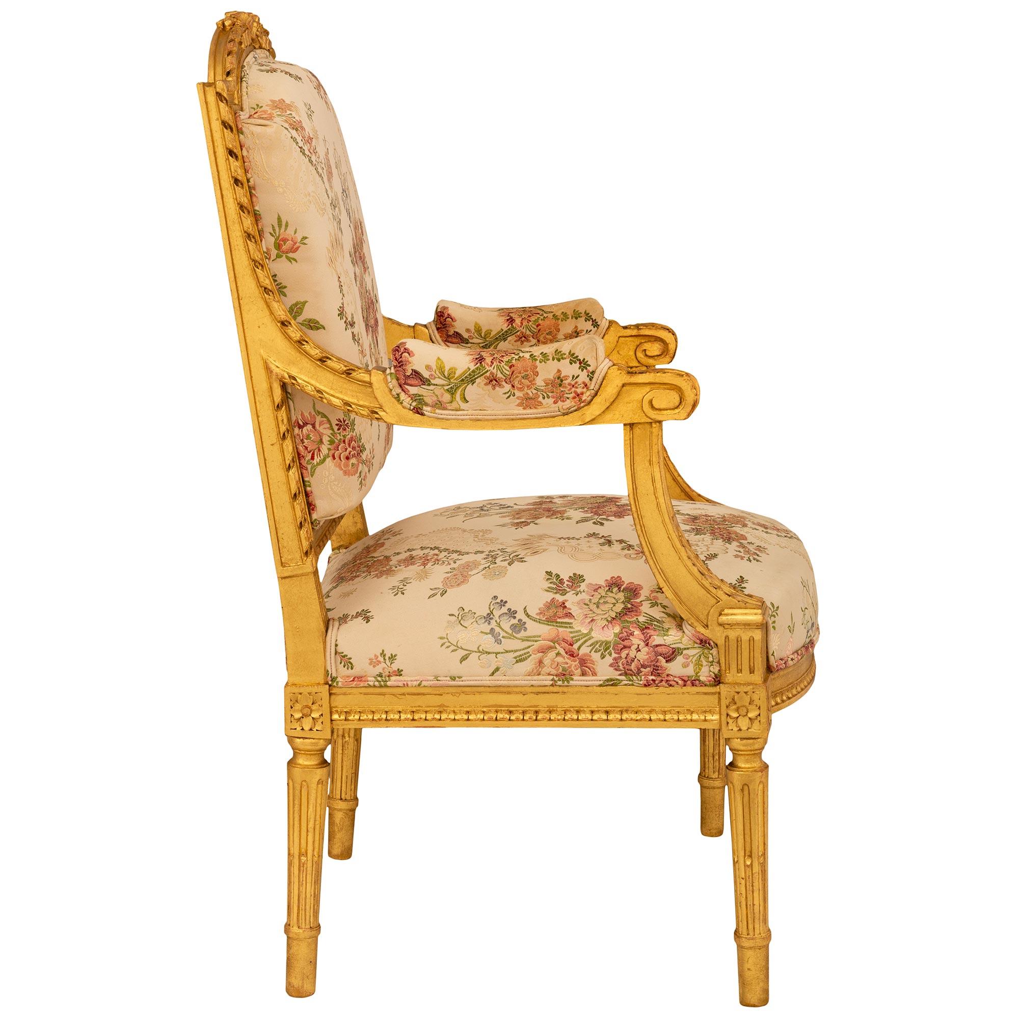 Pair Of French 19th Century Louis XVI St. Giltwood Armchairs In Good Condition For Sale In West Palm Beach, FL
