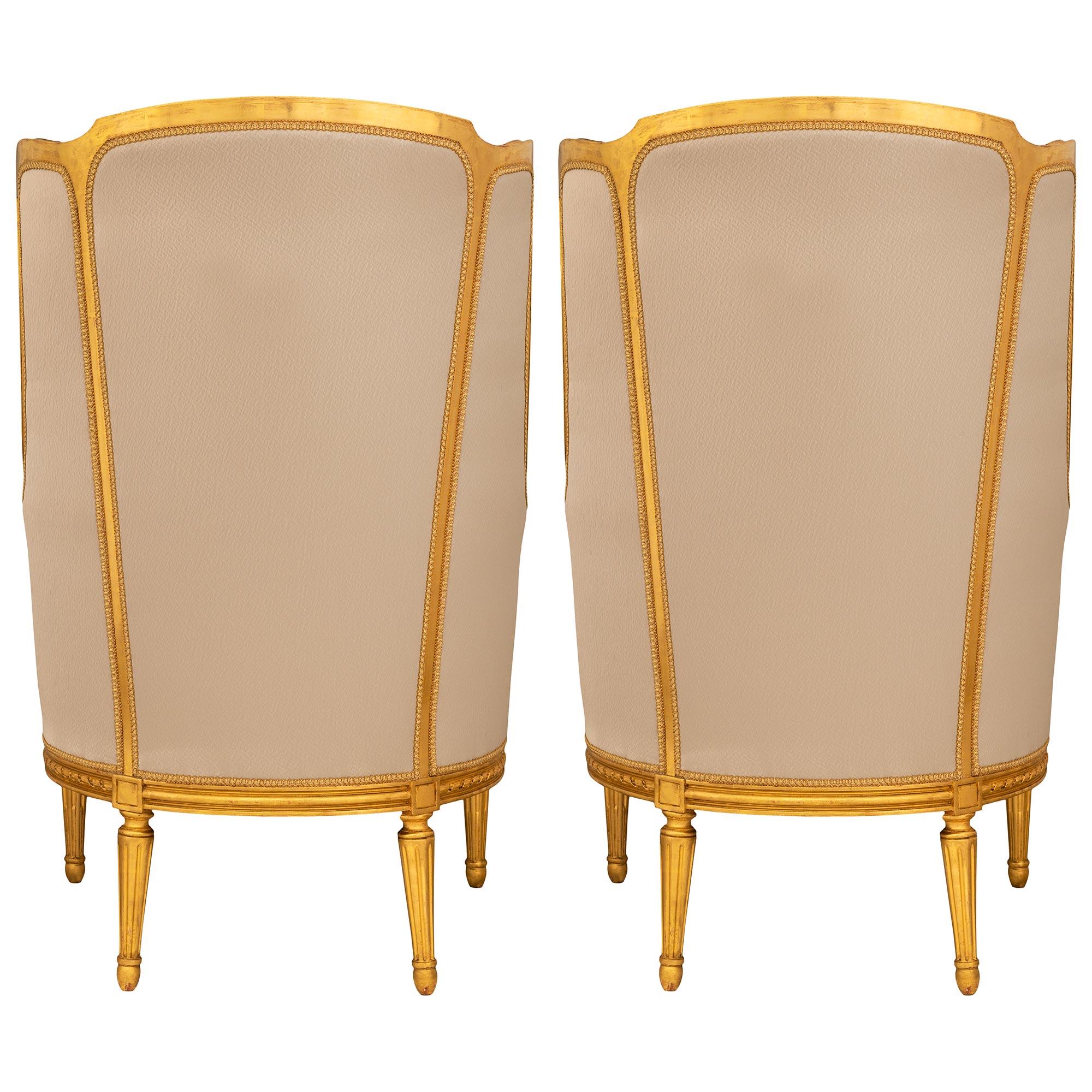 Pair Of French 19th Century Louis XVI St. Giltwood Bergère Armchairs For Sale 7