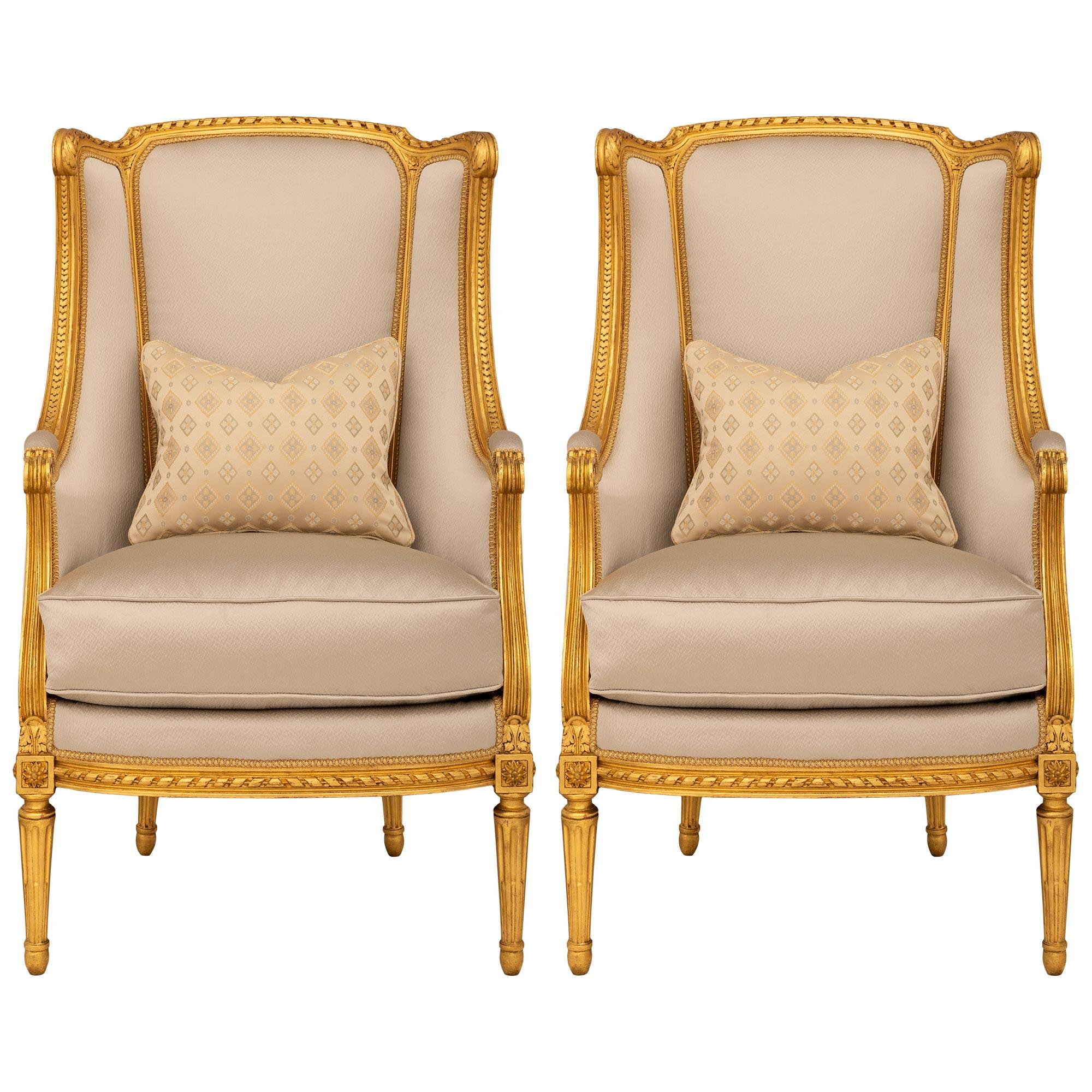 Pair Of French 19th Century Louis XVI St. Giltwood Bergère Armchairs For Sale 8