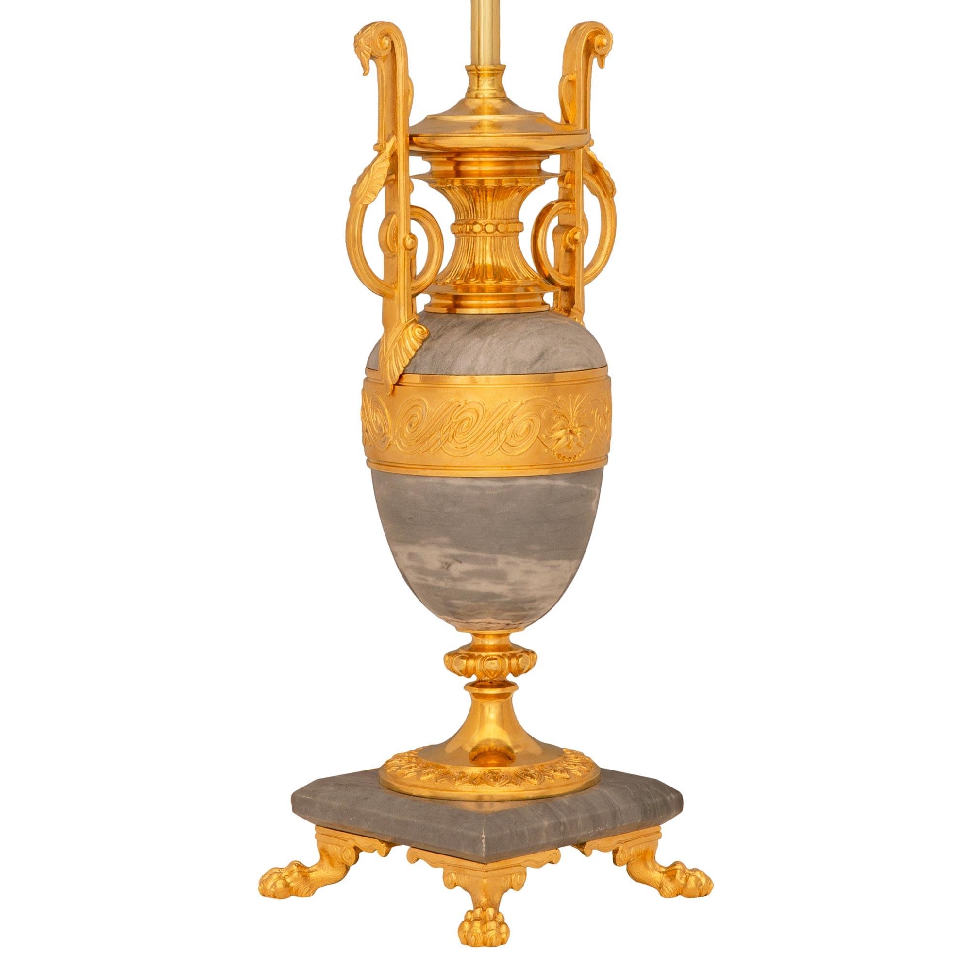 pair of French 19th century Louis XVI st. Gris St. Anne marble and Ormolu lamps In Good Condition For Sale In West Palm Beach, FL