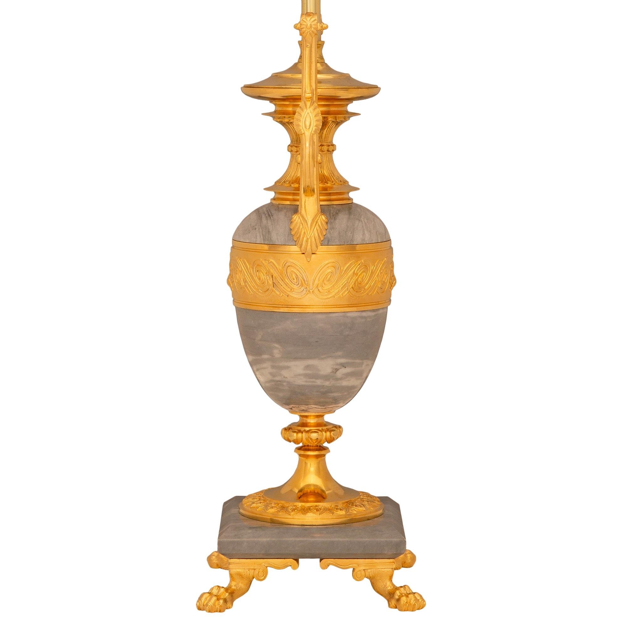 19th Century pair of French 19th century Louis XVI st. Gris St. Anne marble and Ormolu lamps For Sale